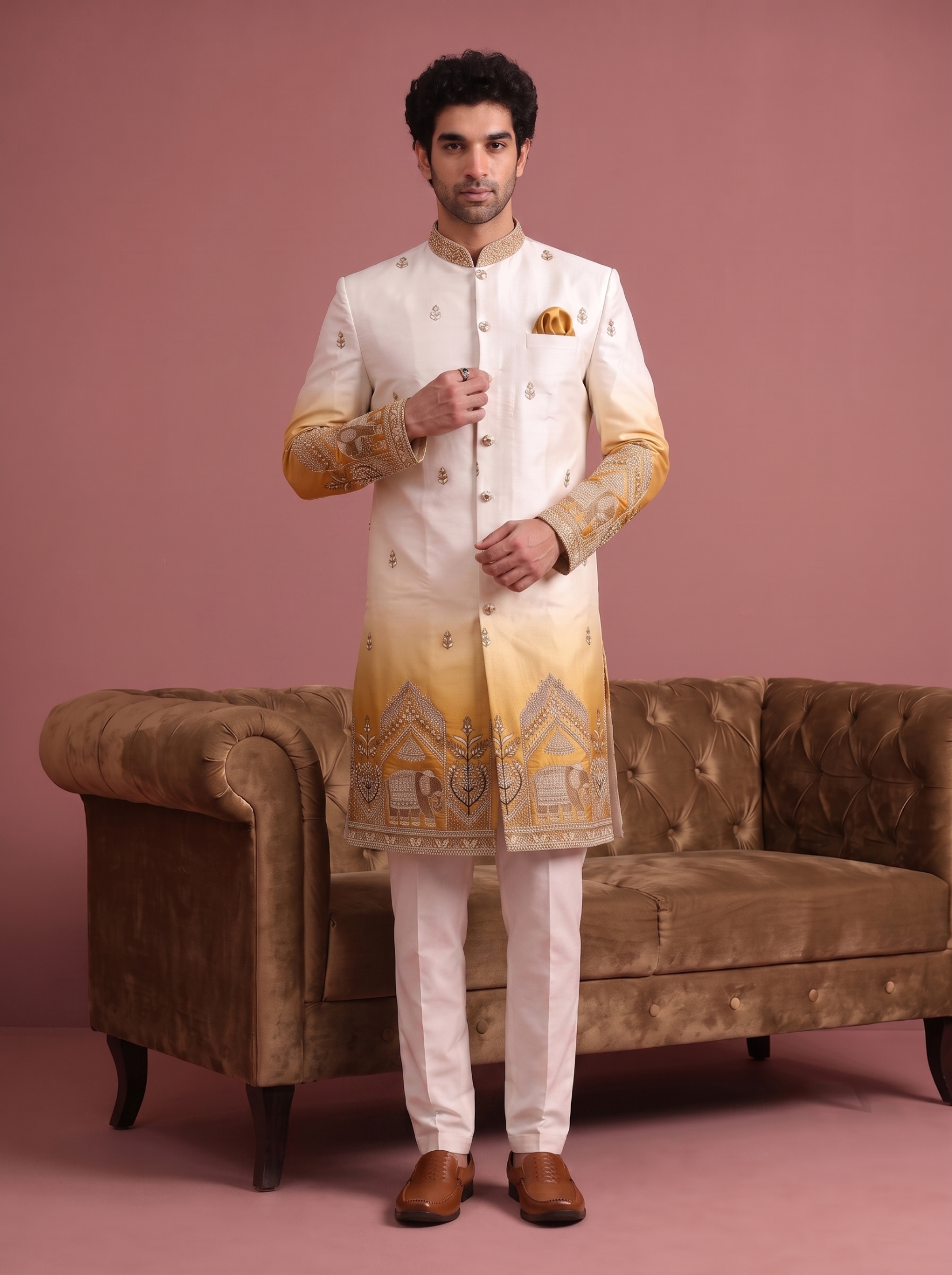Gold Embroidered Doniar Satin Indo-Western Sherwani