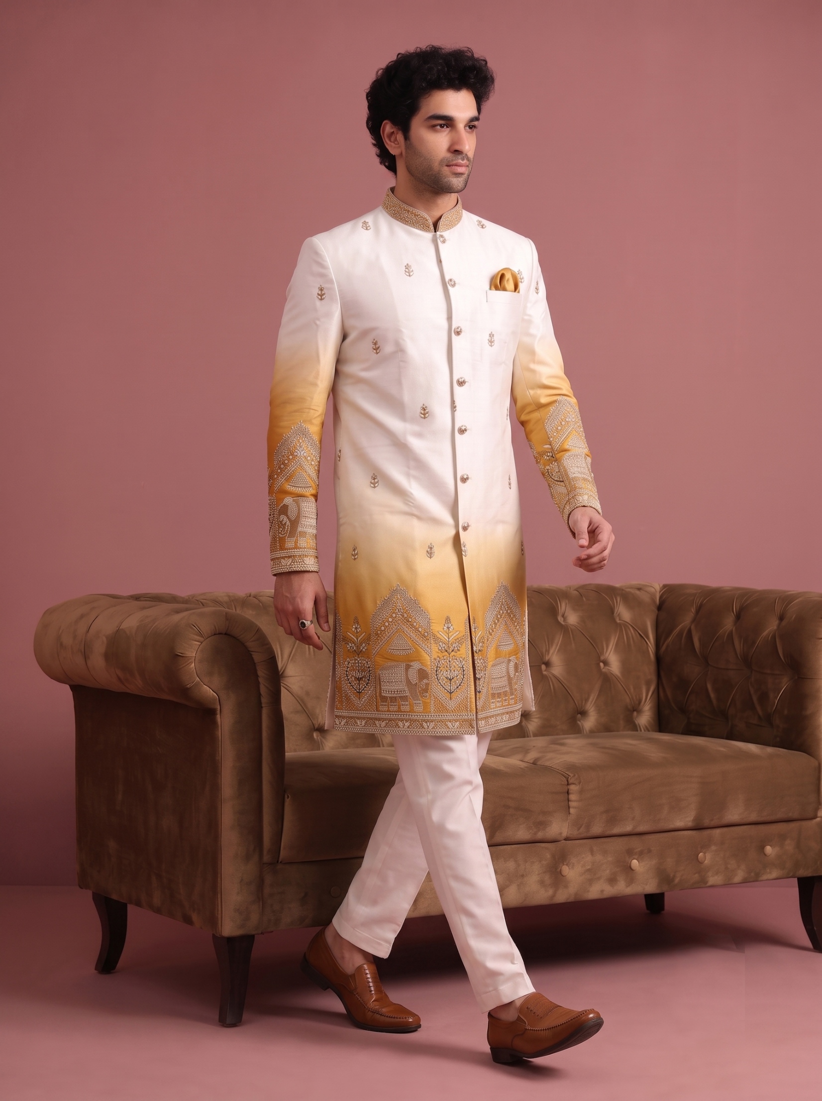 Gold Embroidered Doniar Satin Indo-Western Sherwani