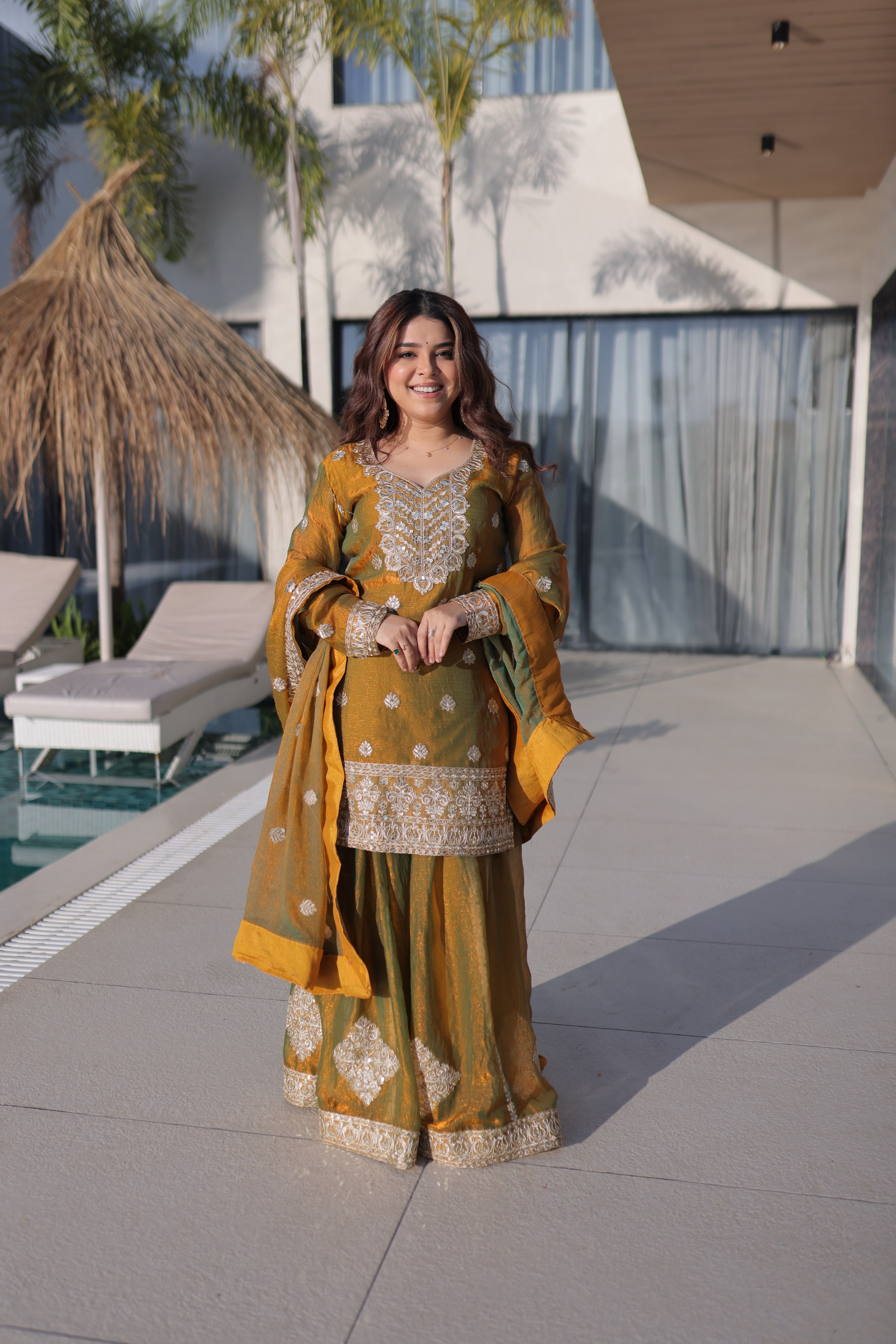 Gold Fendy Chiffon Zari Sequins Embroidered Palazzo Suit