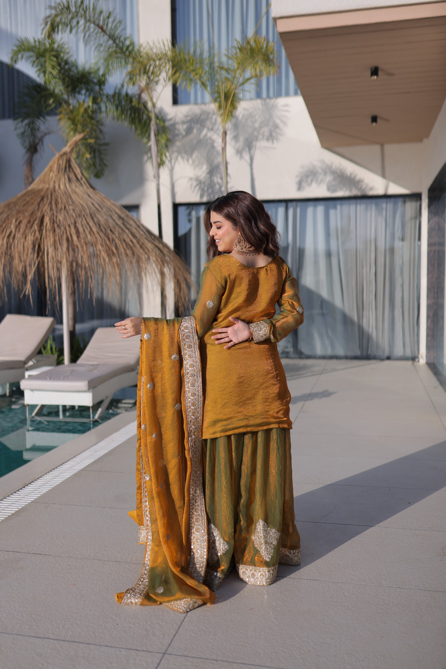 Gold Fendy Chiffon Zari Sequins Embroidered Palazzo Suit — alternate view