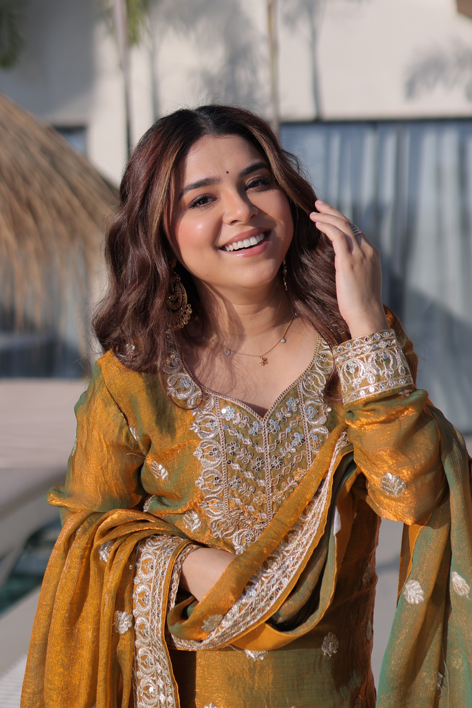 Gold Fendy Chiffon Zari Sequins Embroidered Palazzo Suit