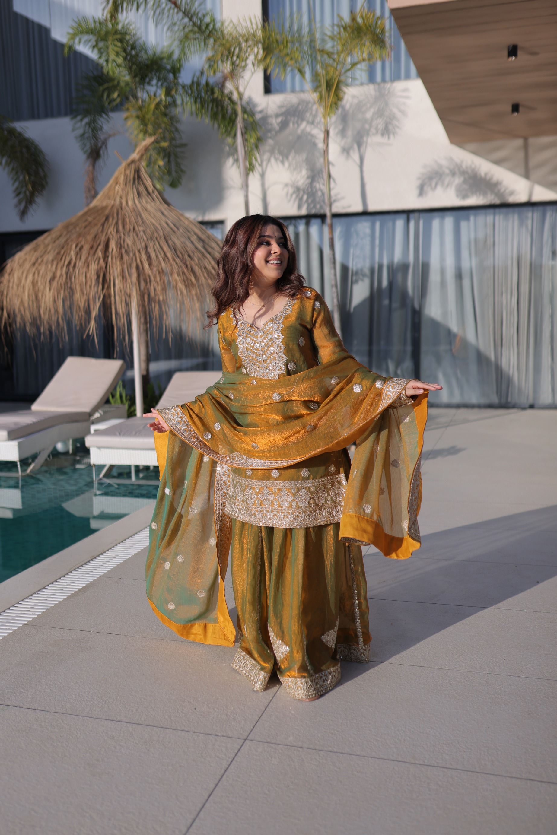 Gold Fendy Chiffon Zari Sequins Embroidered Palazzo Suit