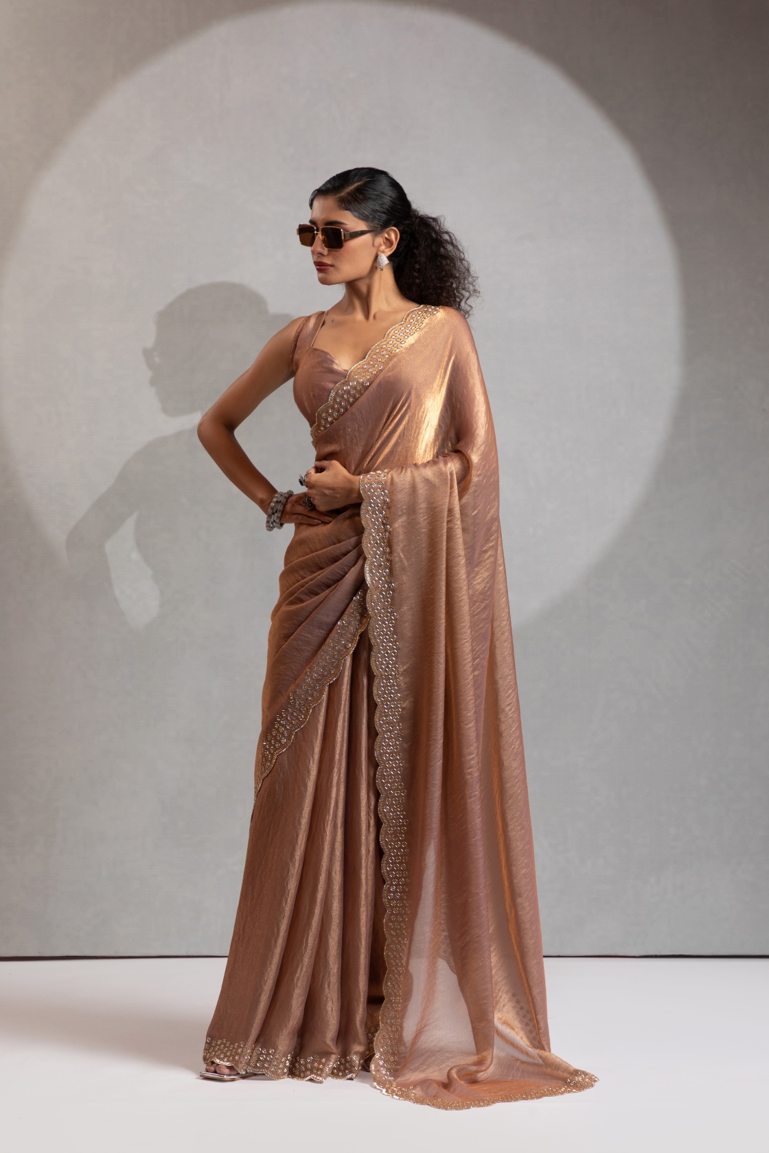Gold Fendy Silk Two Tone Zircon Cutdana Designer Saree