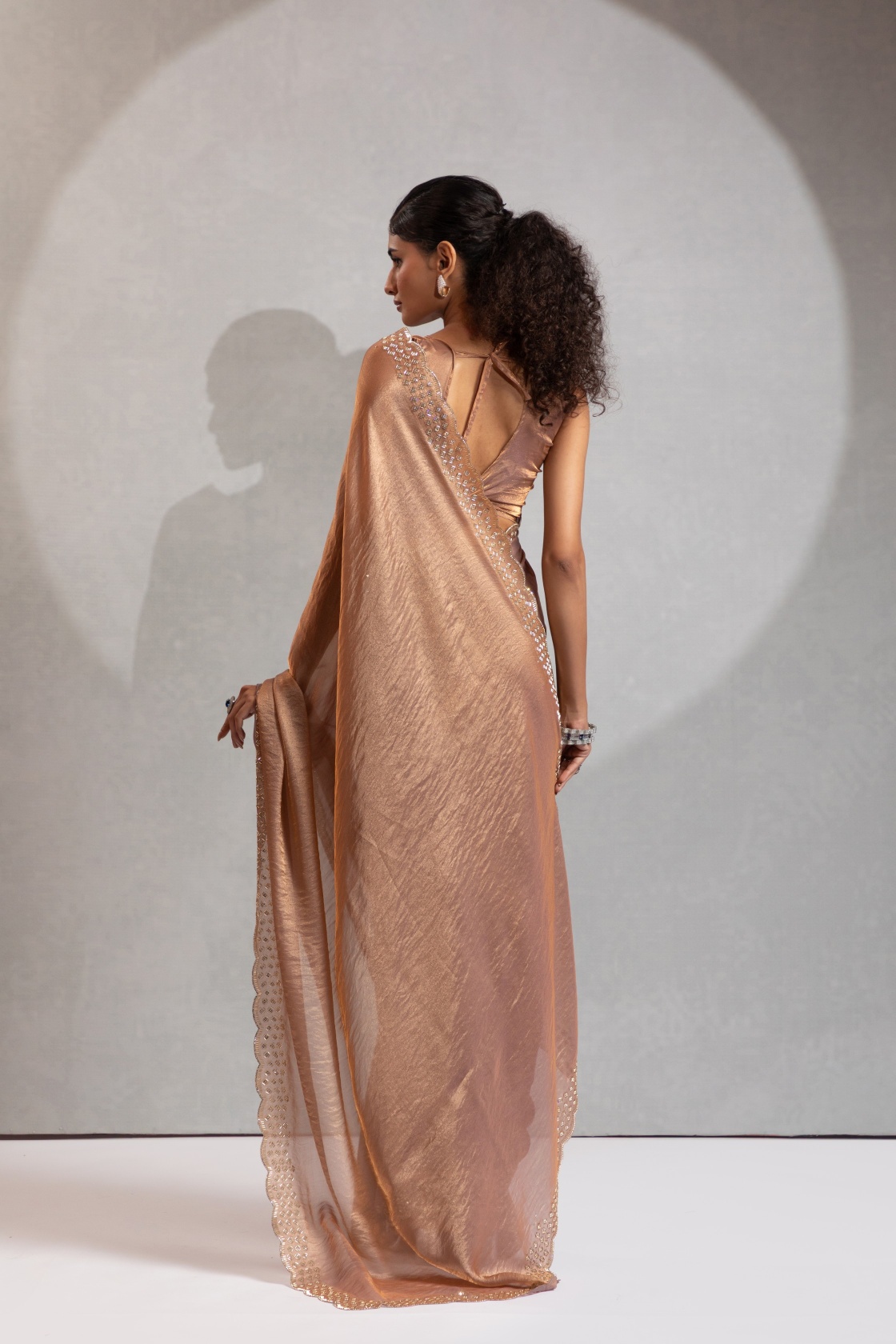Gold Fendy Silk Two Tone Zircon Cutdana Designer Saree — alternate view
