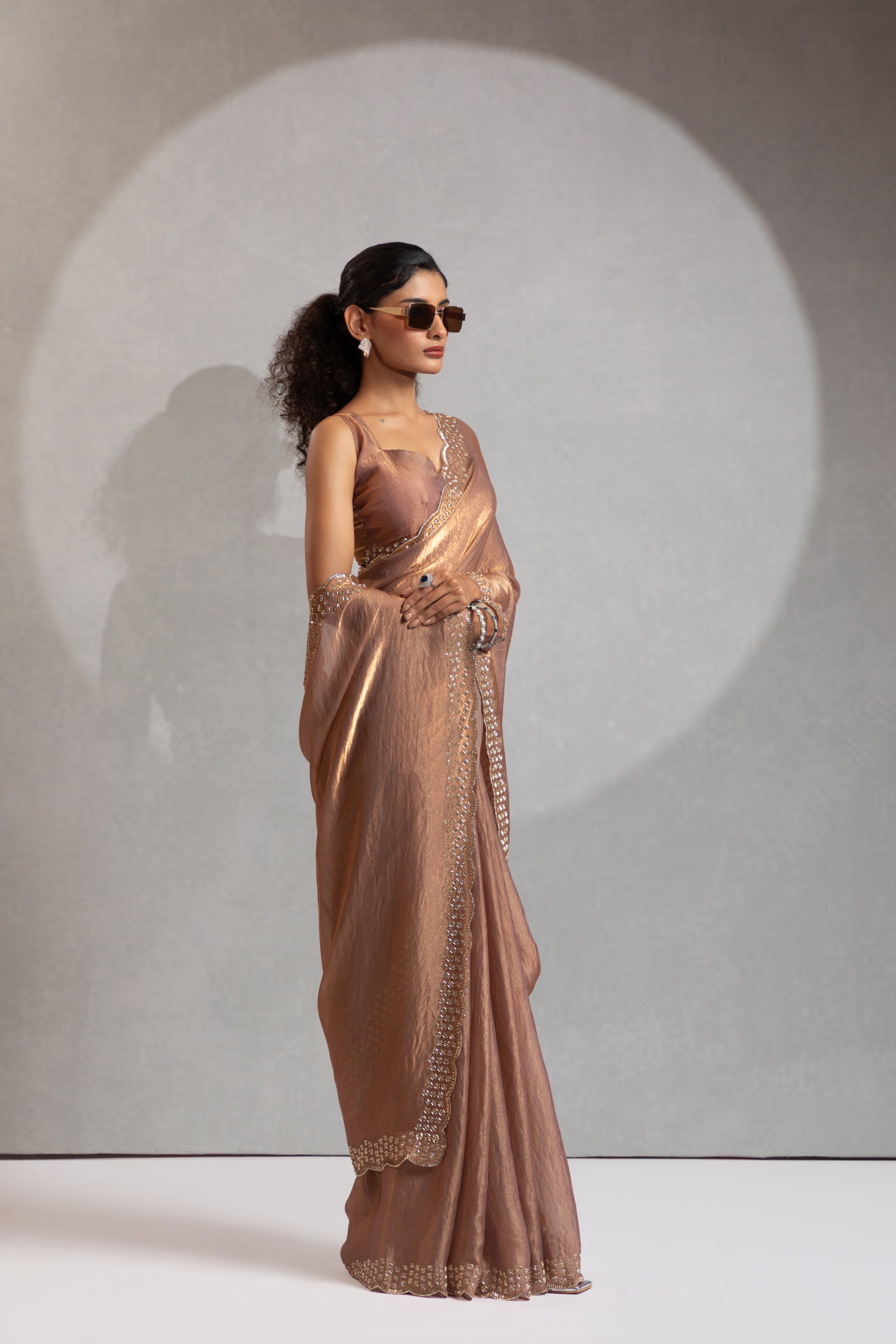 Gold Fendy Silk Two Tone Zircon Cutdana Designer Saree