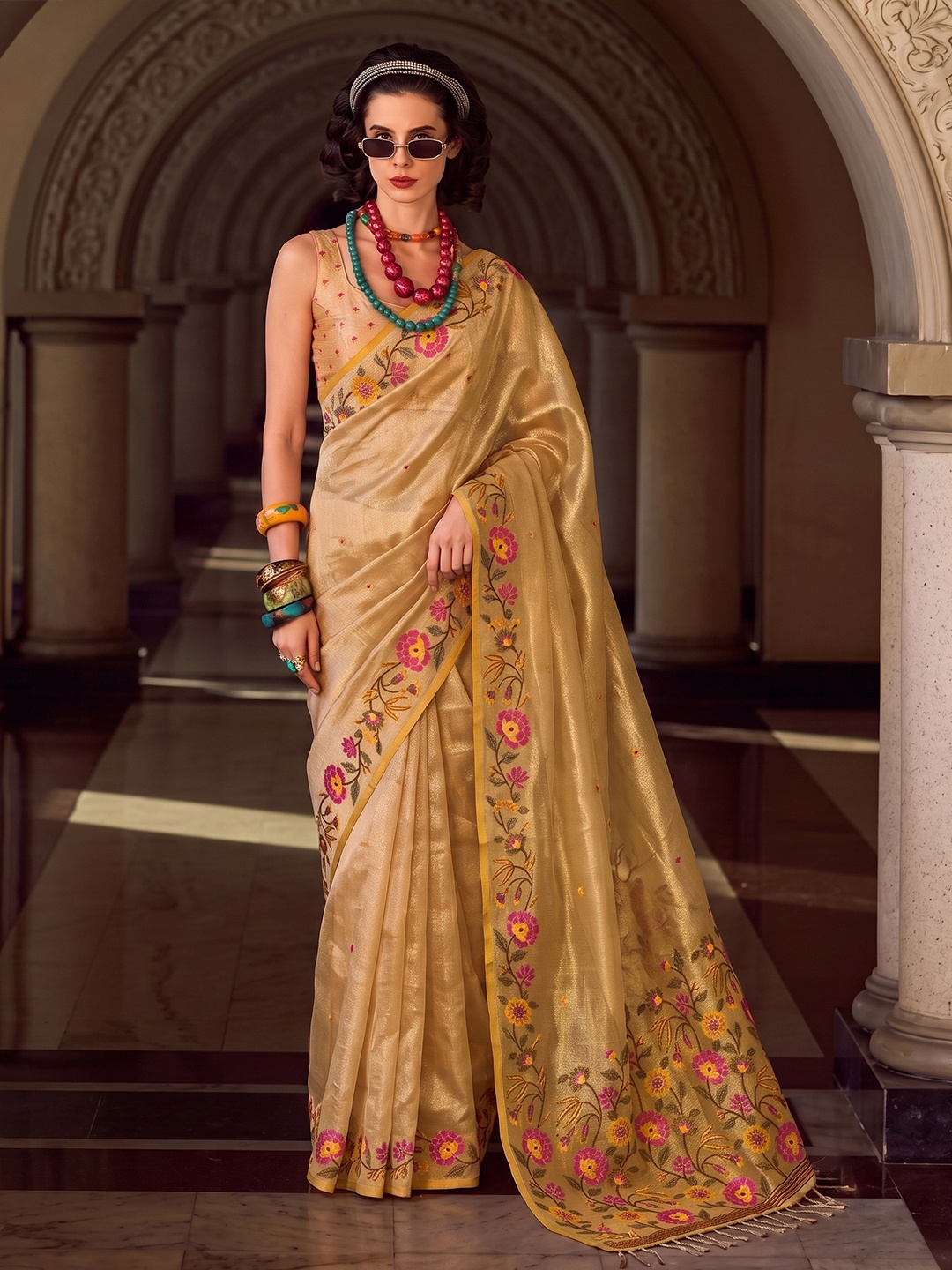 Gold Floral Designer Multithread Embroidery Tissue Silk Saree