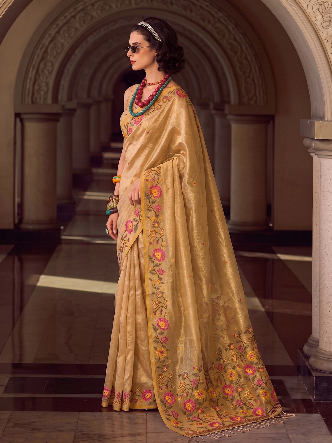 Gold Floral Designer Multithread Embroidery Tissue Silk Saree