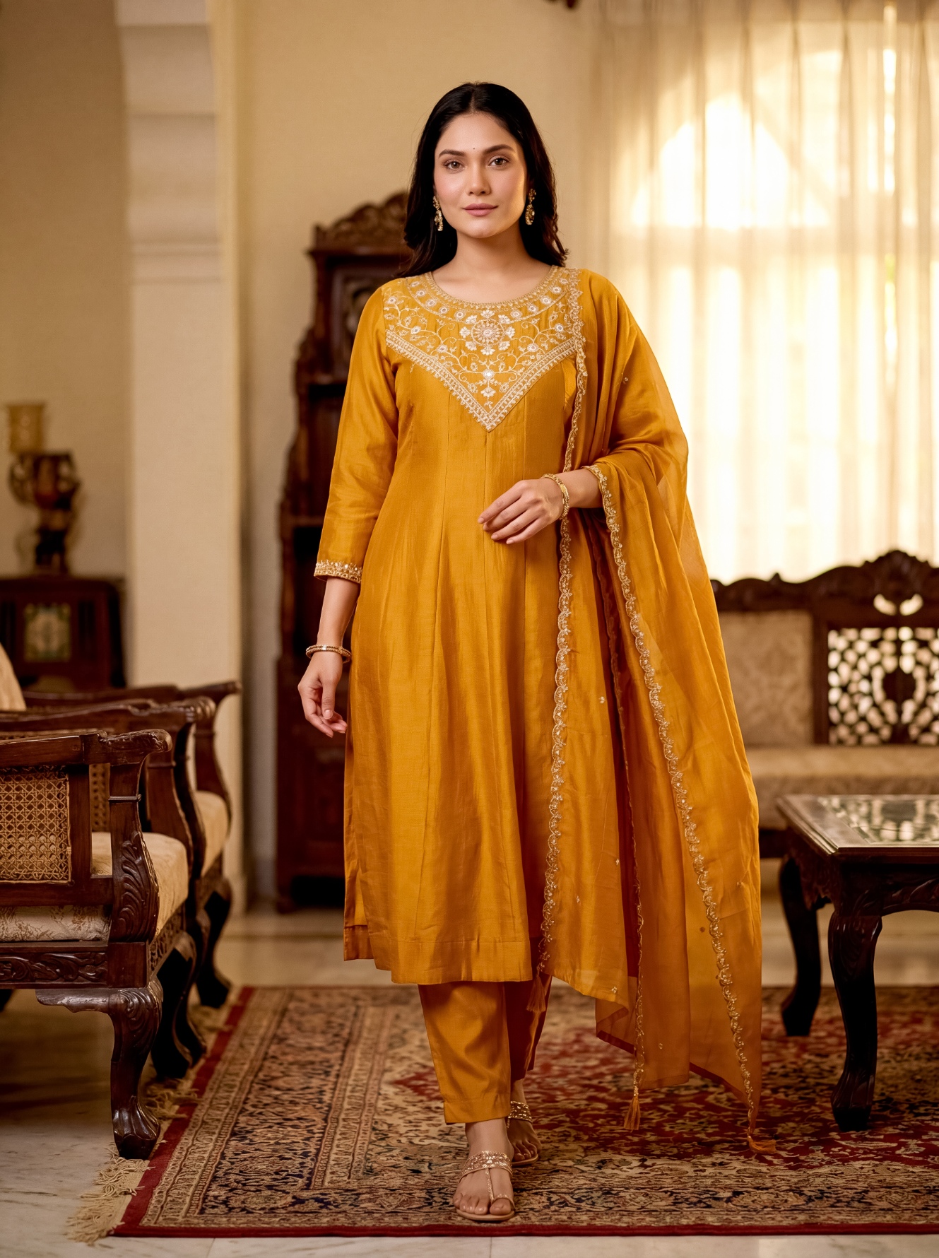 Gold Floral Embroidery Vichitra Silk Salwar Suit