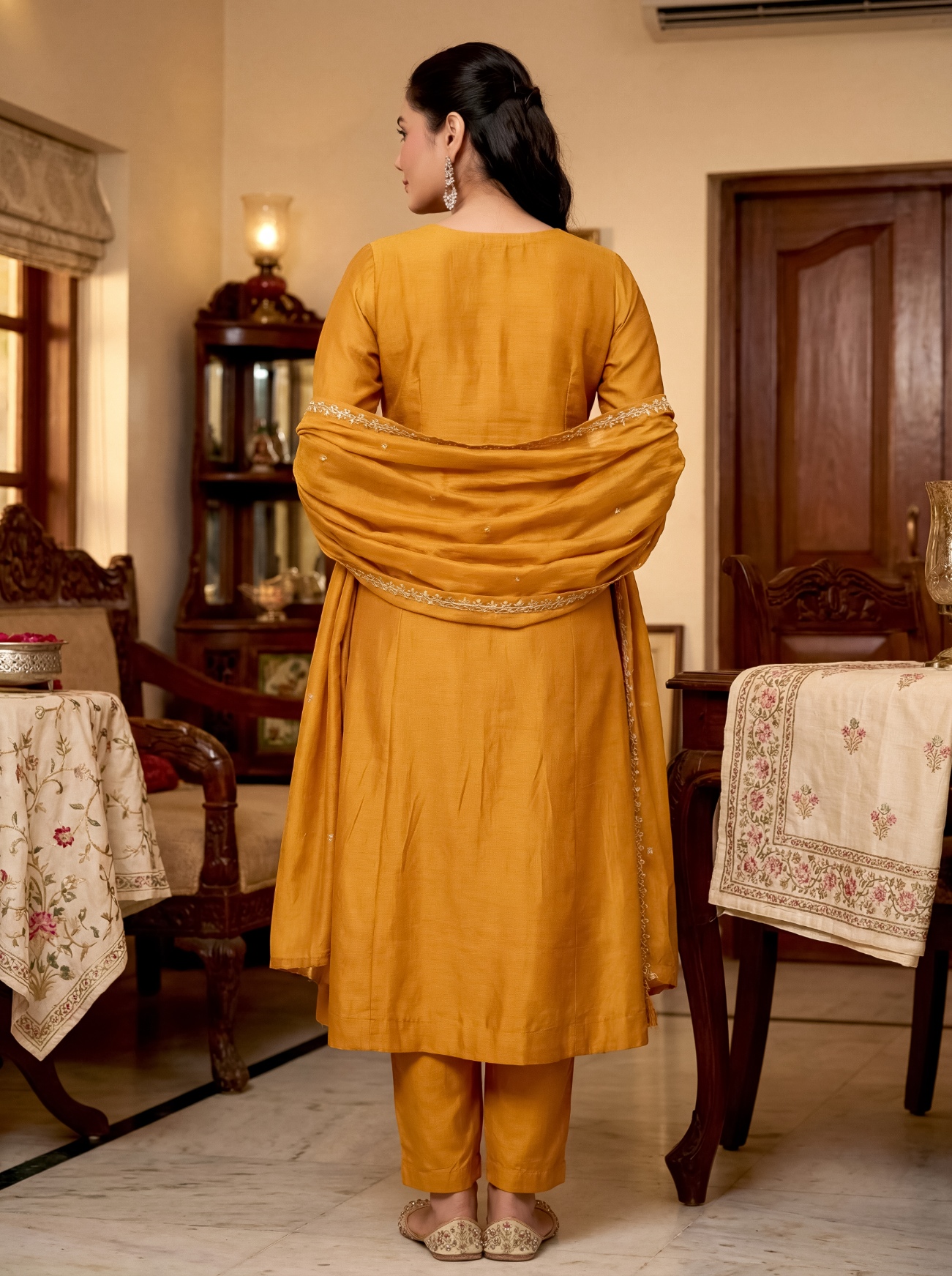 Gold Floral Embroidery Vichitra Silk Salwar Suit — alternate view