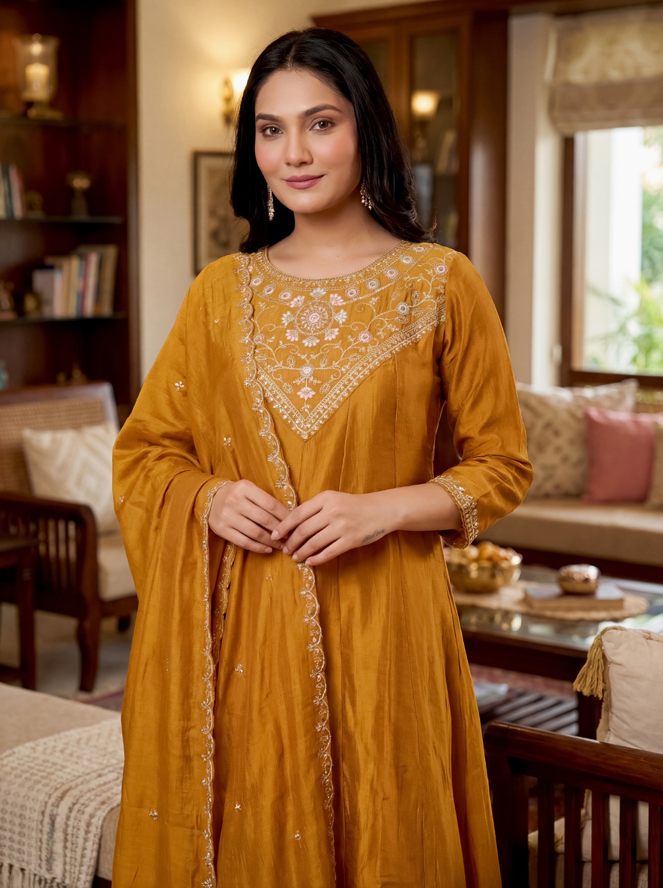 Gold Floral Embroidery Vichitra Silk Salwar Suit