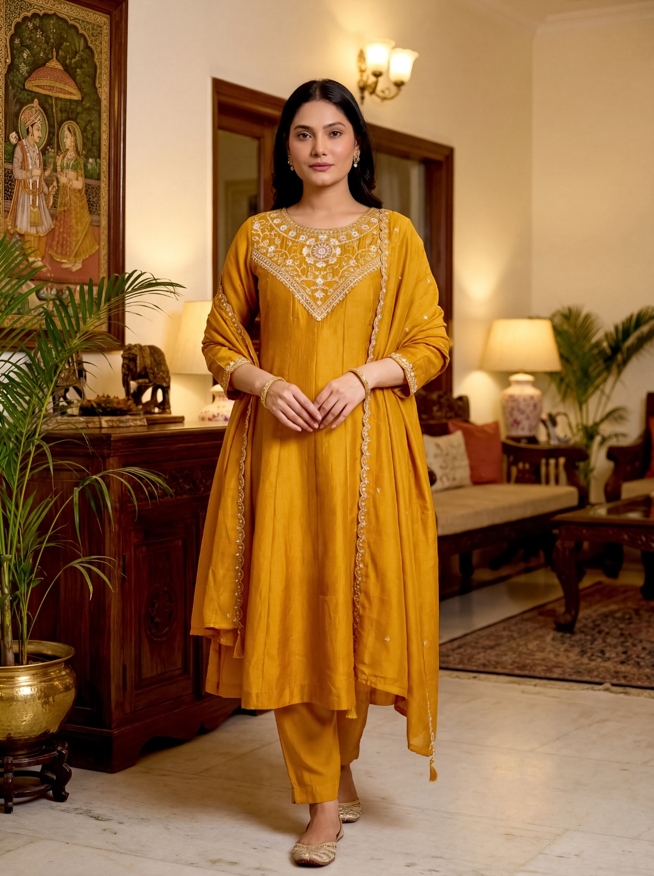 Gold Floral Embroidery Vichitra Silk Salwar Suit