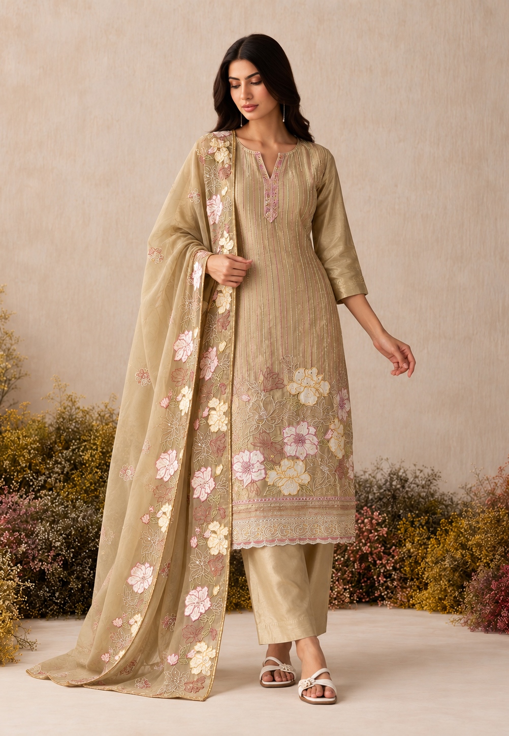 Gold Floral Sequins Shimmer Silk Salwar Suit