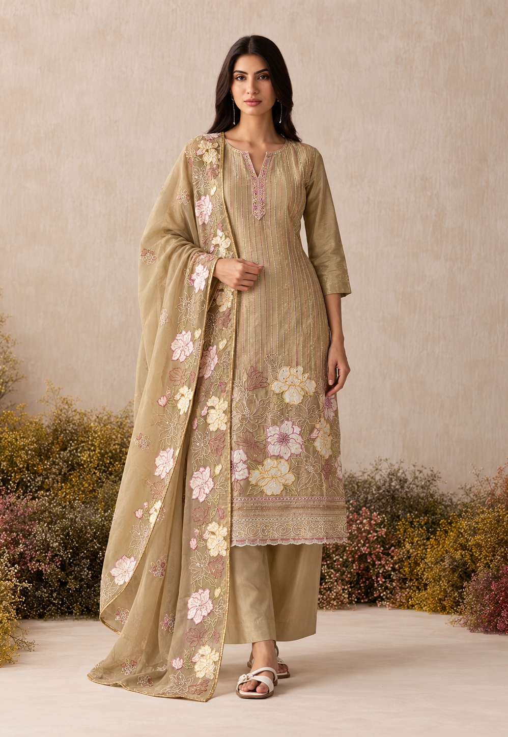 Gold Floral Sequins Shimmer Silk Salwar Suit