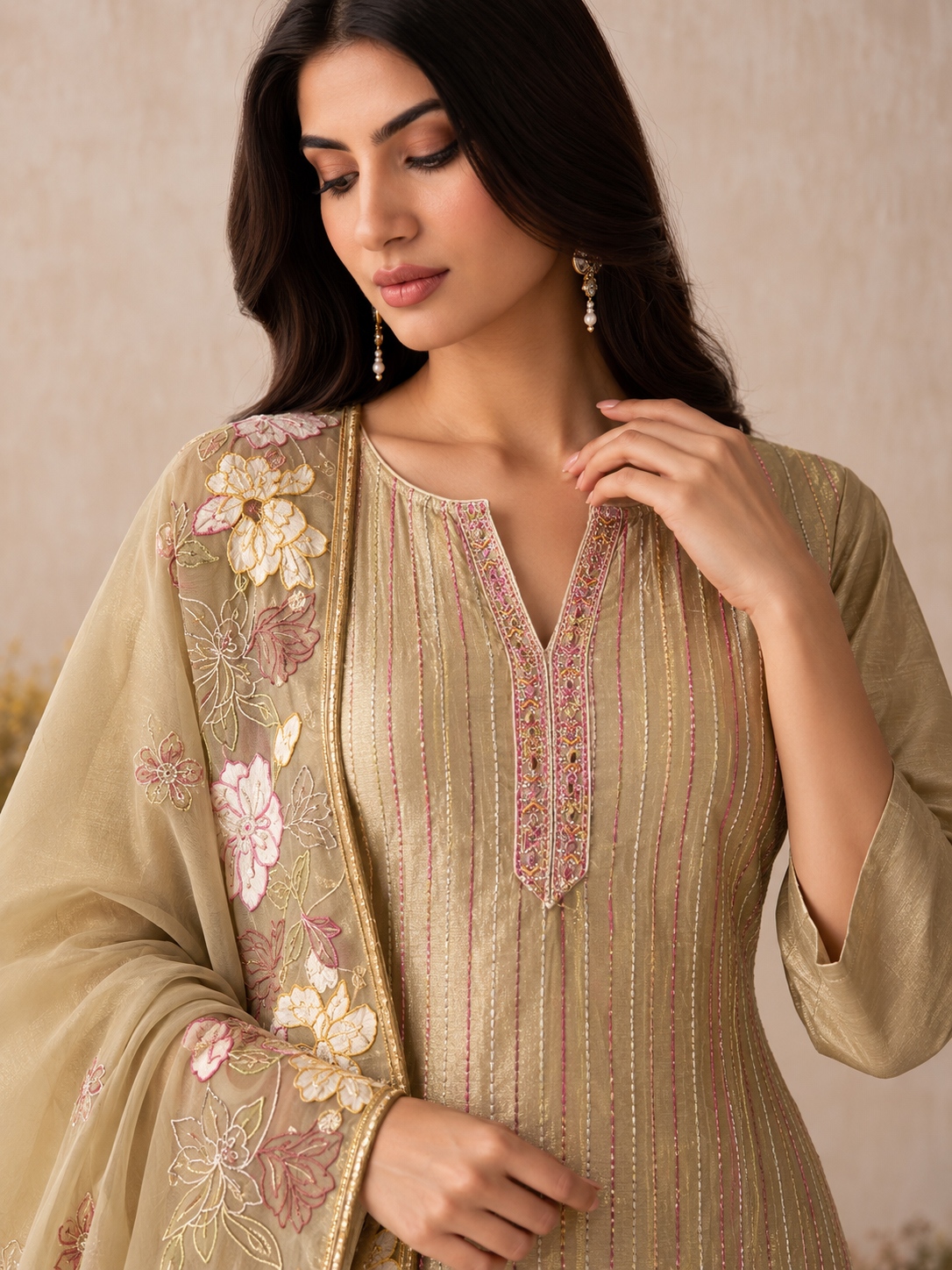 Gold Floral Sequins Shimmer Silk Salwar Suit