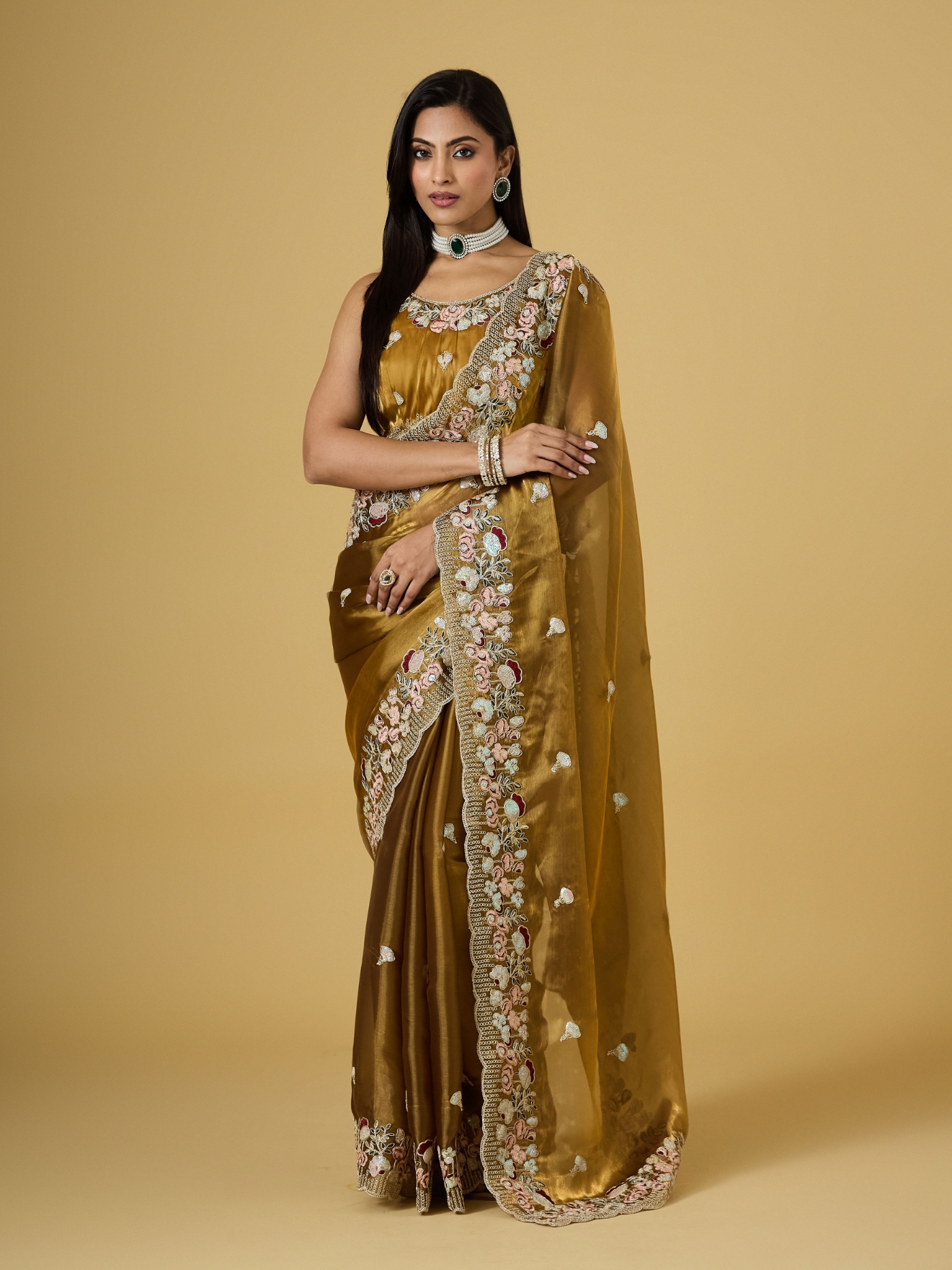Gold Floral Thread Embroidery Jimmy Choo Saree