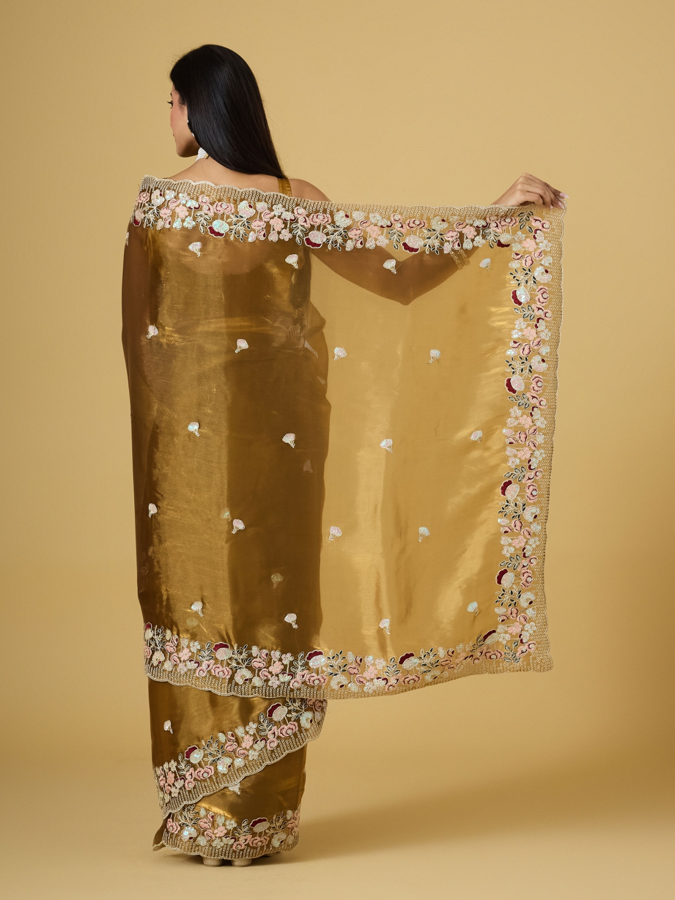Gold Floral Thread Embroidery Jimmy Choo Saree — alternate view