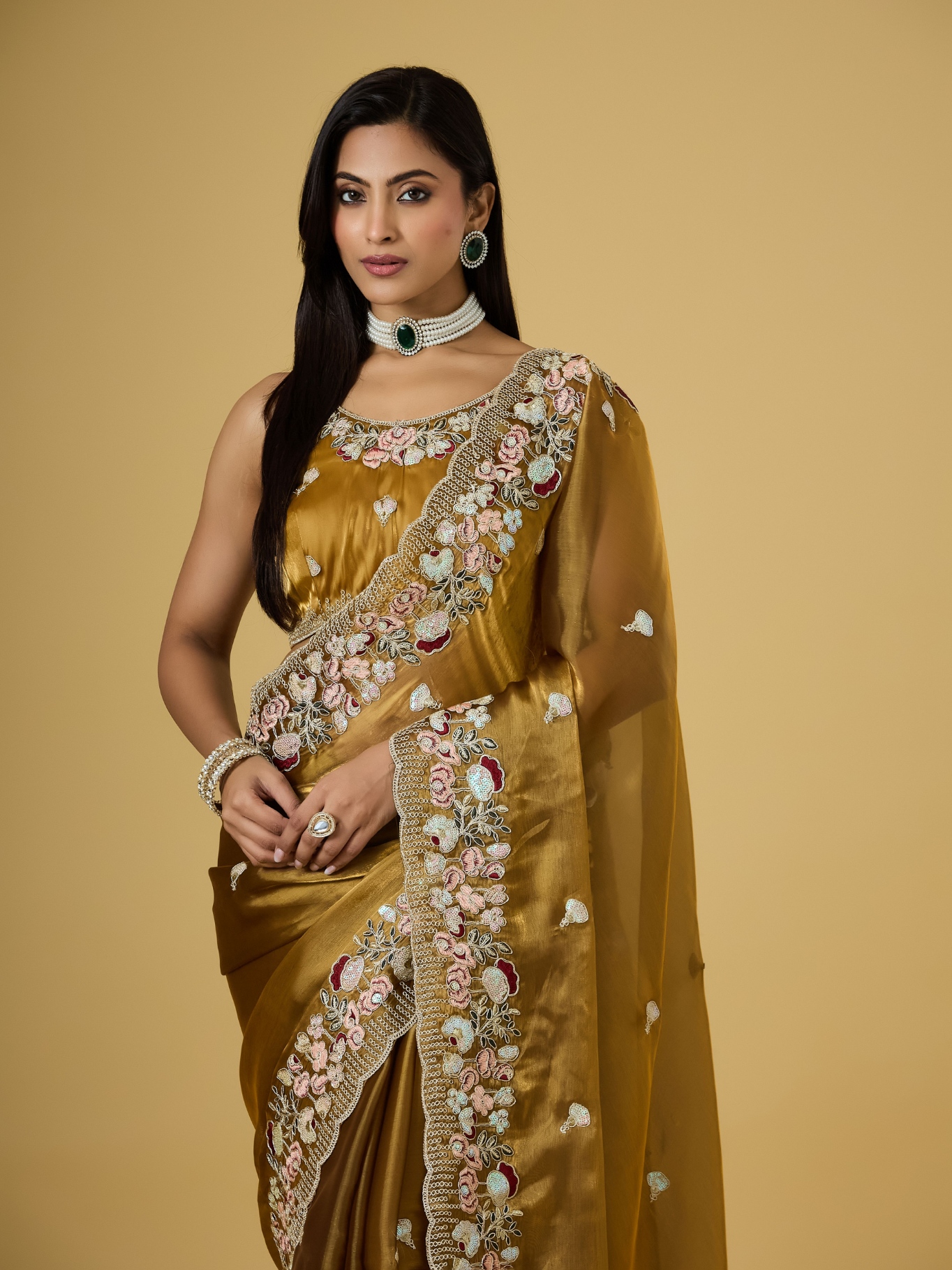 Gold Floral Thread Embroidery Jimmy Choo Saree