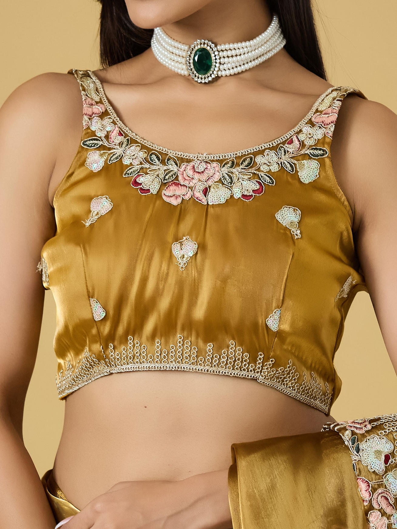 Gold Floral Thread Embroidery Jimmy Choo Saree