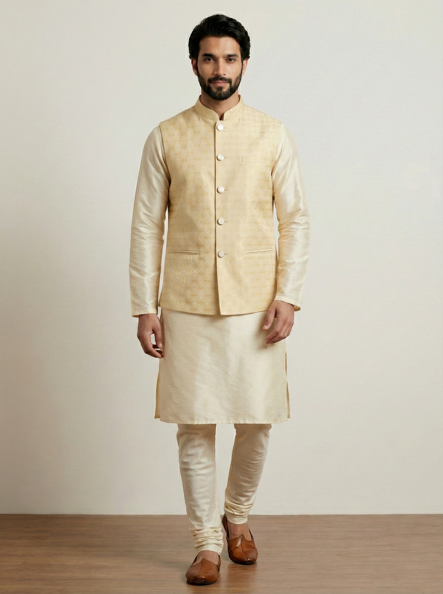 Gold Geometric Jacquard Silk Bandi Kurta Pyjama