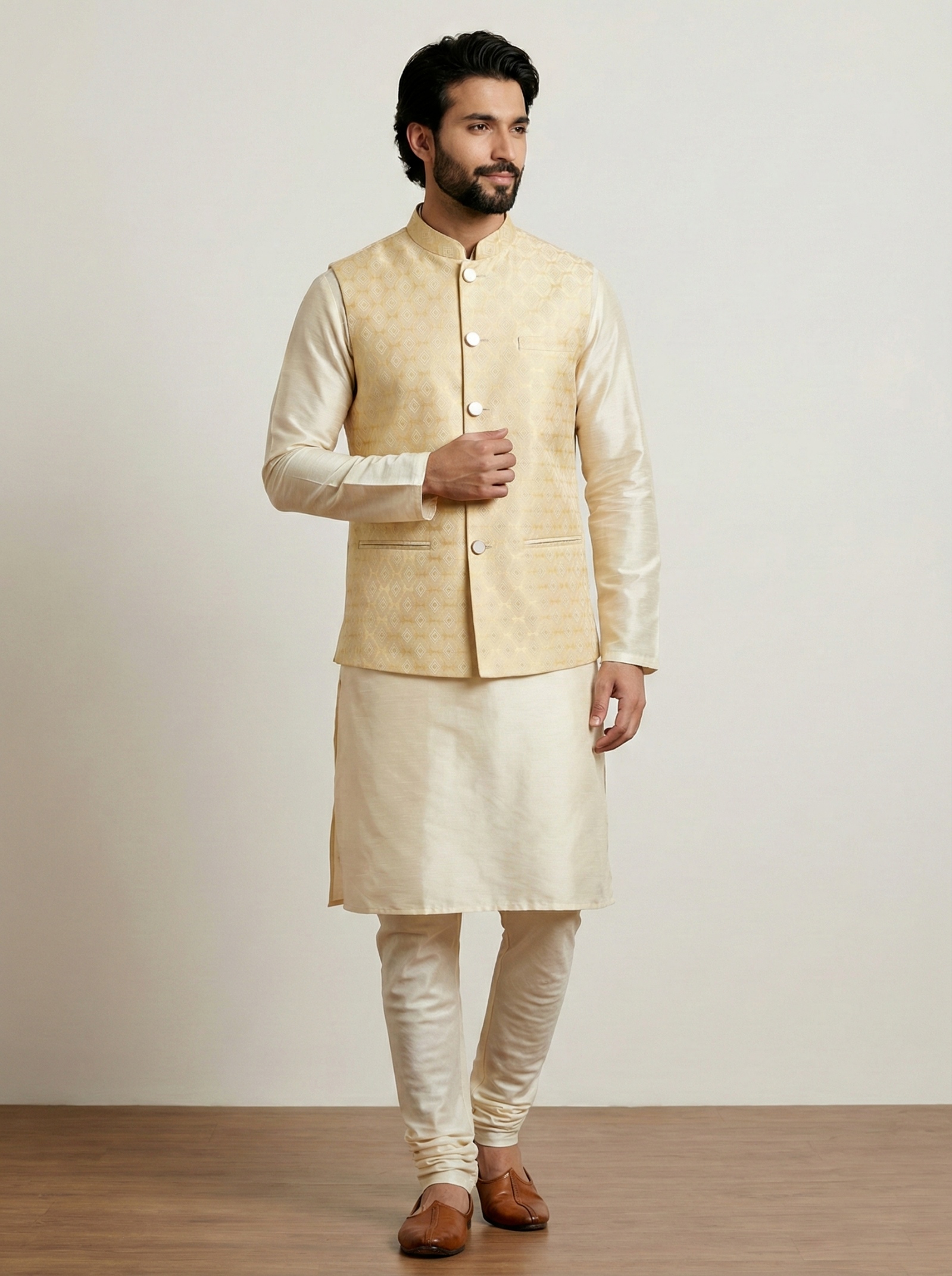 Gold Geometric Jacquard Silk Bandi Kurta Pyjama — alternate view