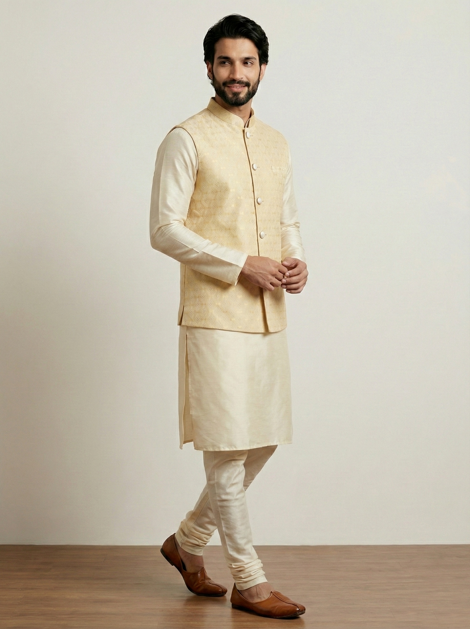 Gold Geometric Jacquard Silk Bandi Kurta Pyjama