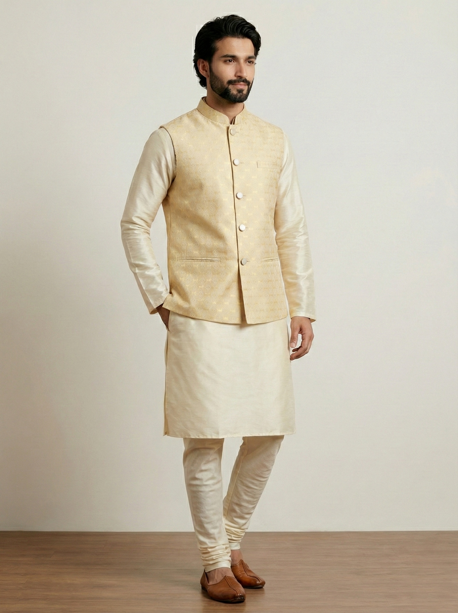Gold Geometric Jacquard Silk Bandi Kurta Pyjama