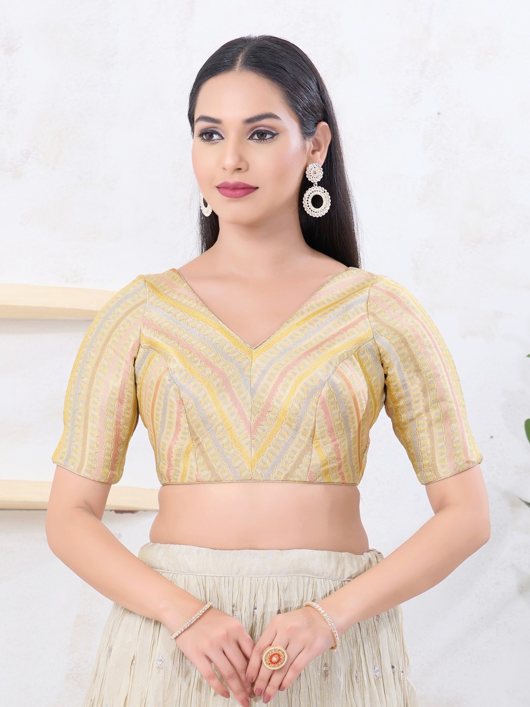 Gold Geometric Woven Jacquard Designer Blouse