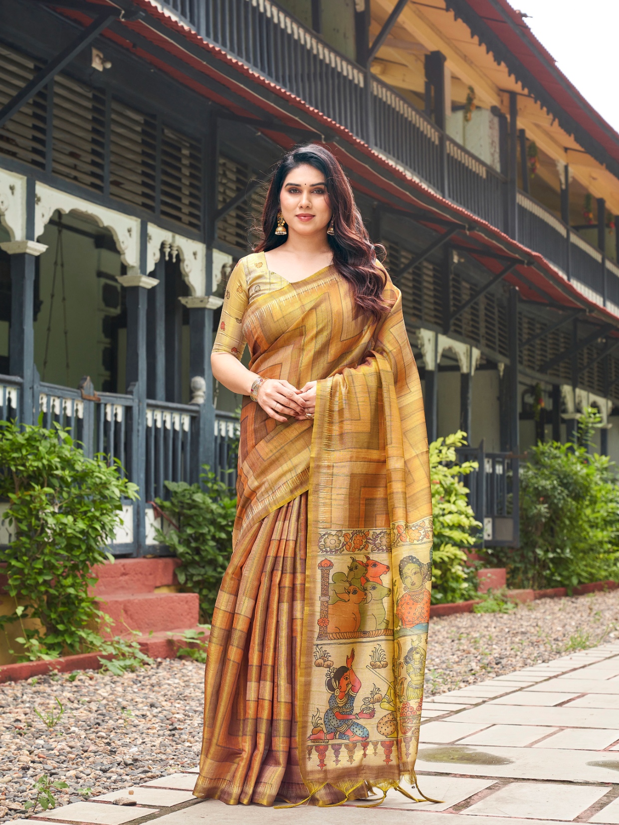 Gold Kalamkari Lahariya Tissue Silk Saree
