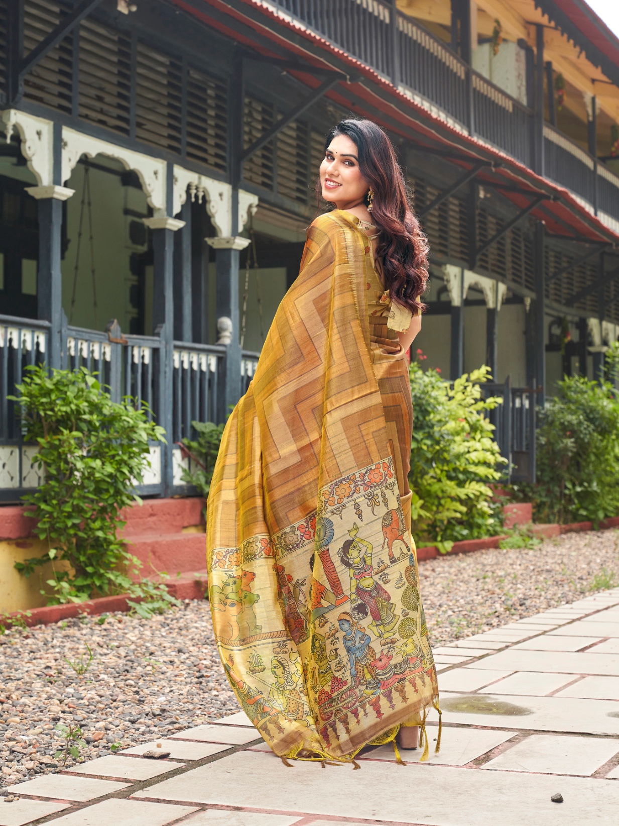 Gold Kalamkari Lahariya Tissue Silk Saree — alternate view