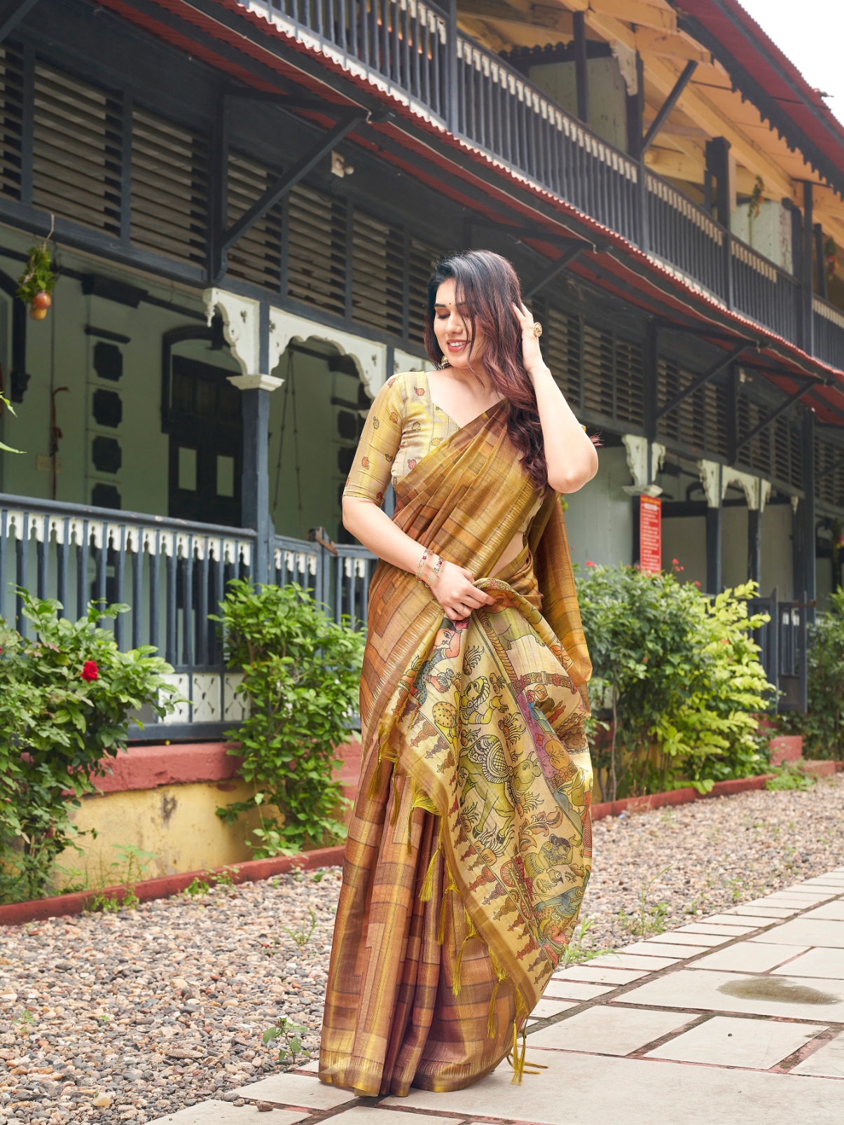 Gold Kalamkari Lahariya Tissue Silk Saree