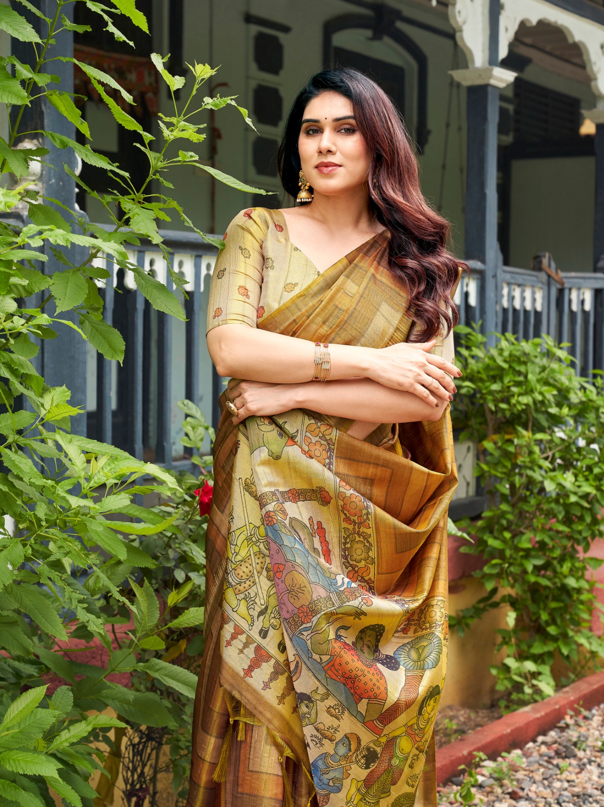 Gold Kalamkari Lahariya Tissue Silk Saree