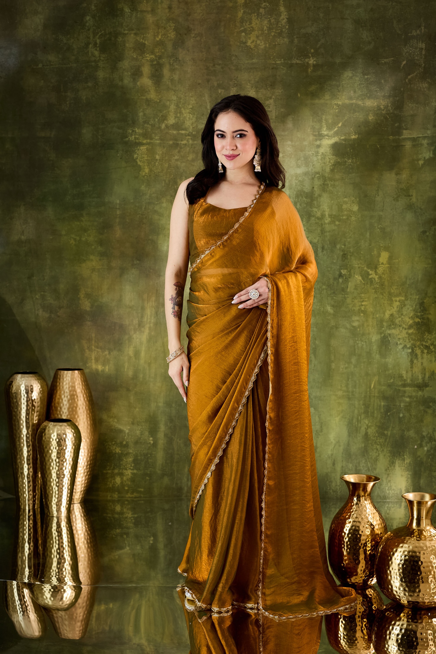 Gold Lace Silk Blend Designer Ready To Wear Saree