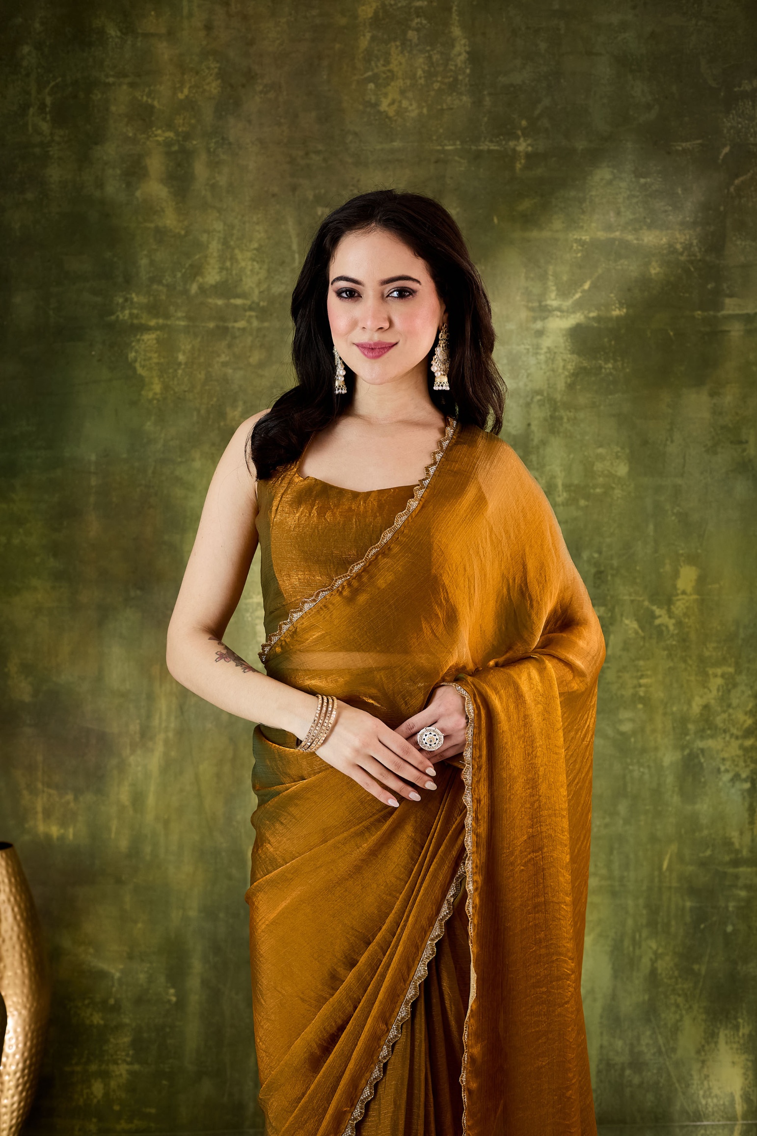 Gold Lace Silk Blend Designer Ready To Wear Saree