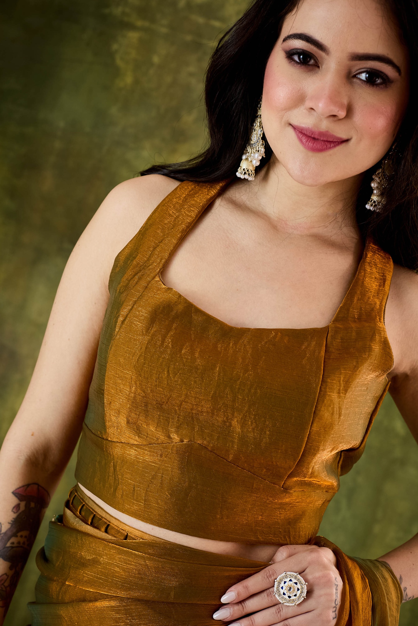 Gold Lace Silk Blend Designer Ready To Wear Saree