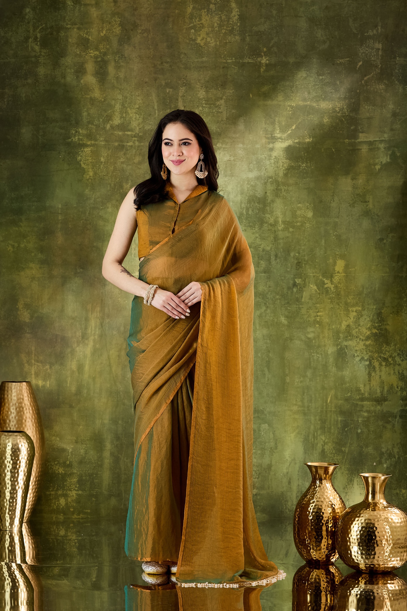 Gold Lace Silk Blend Ready To Wear Saree