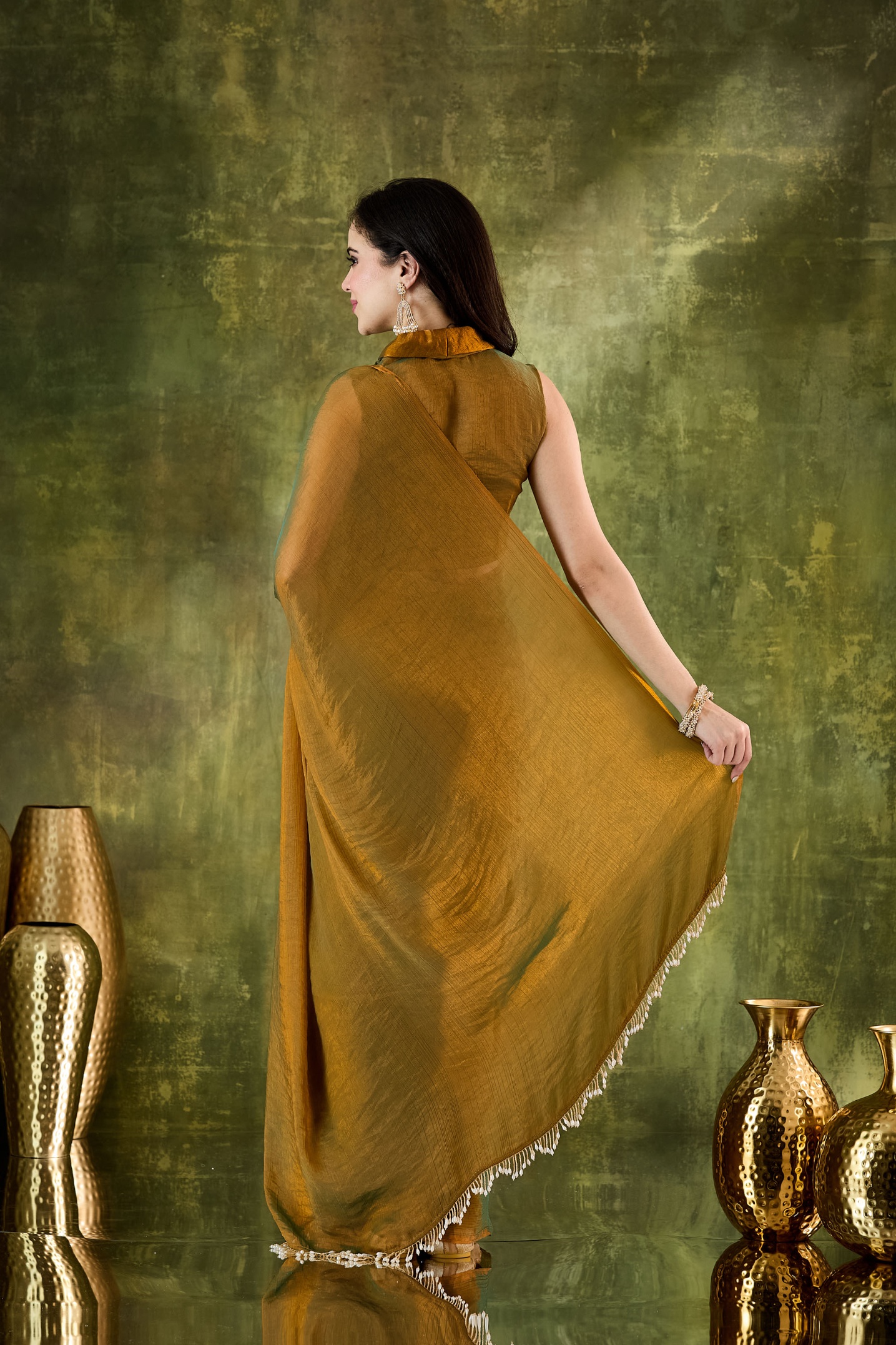 Gold Lace Silk Blend Ready To Wear Saree — alternate view