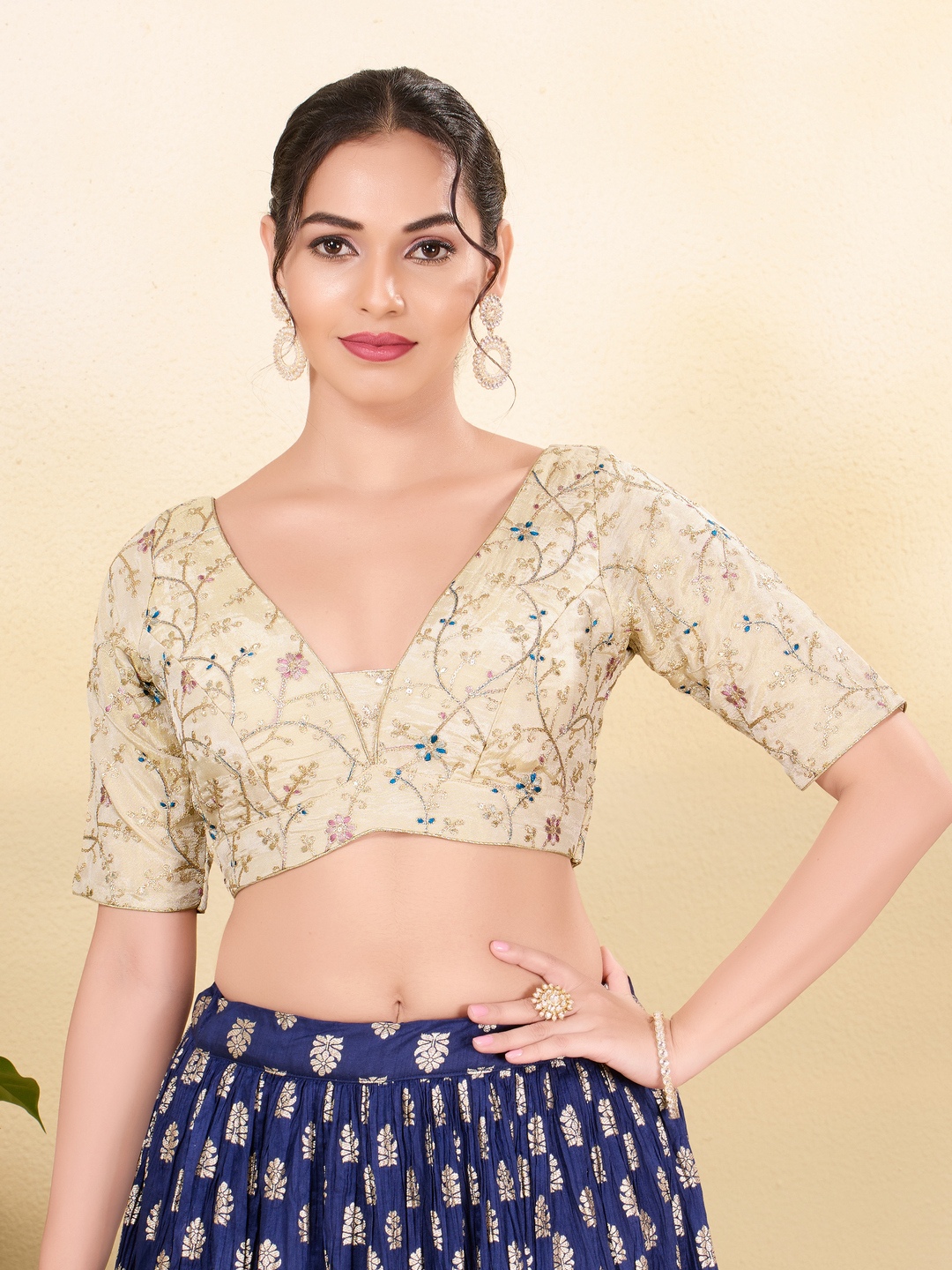 Gold Net Floral Embroidered Structured Blouse