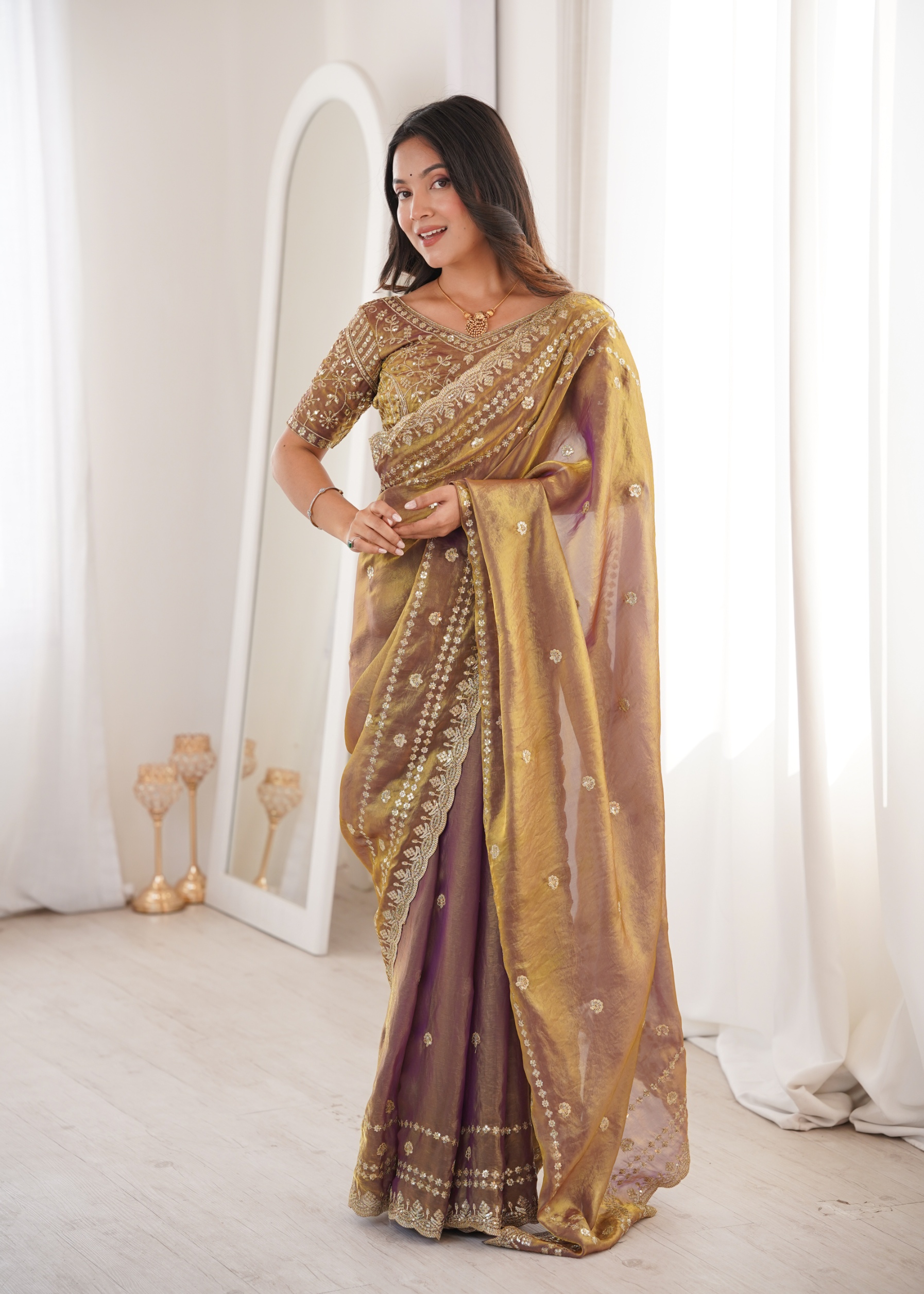 Gold Traditional Sequin Fendy Satin Saree