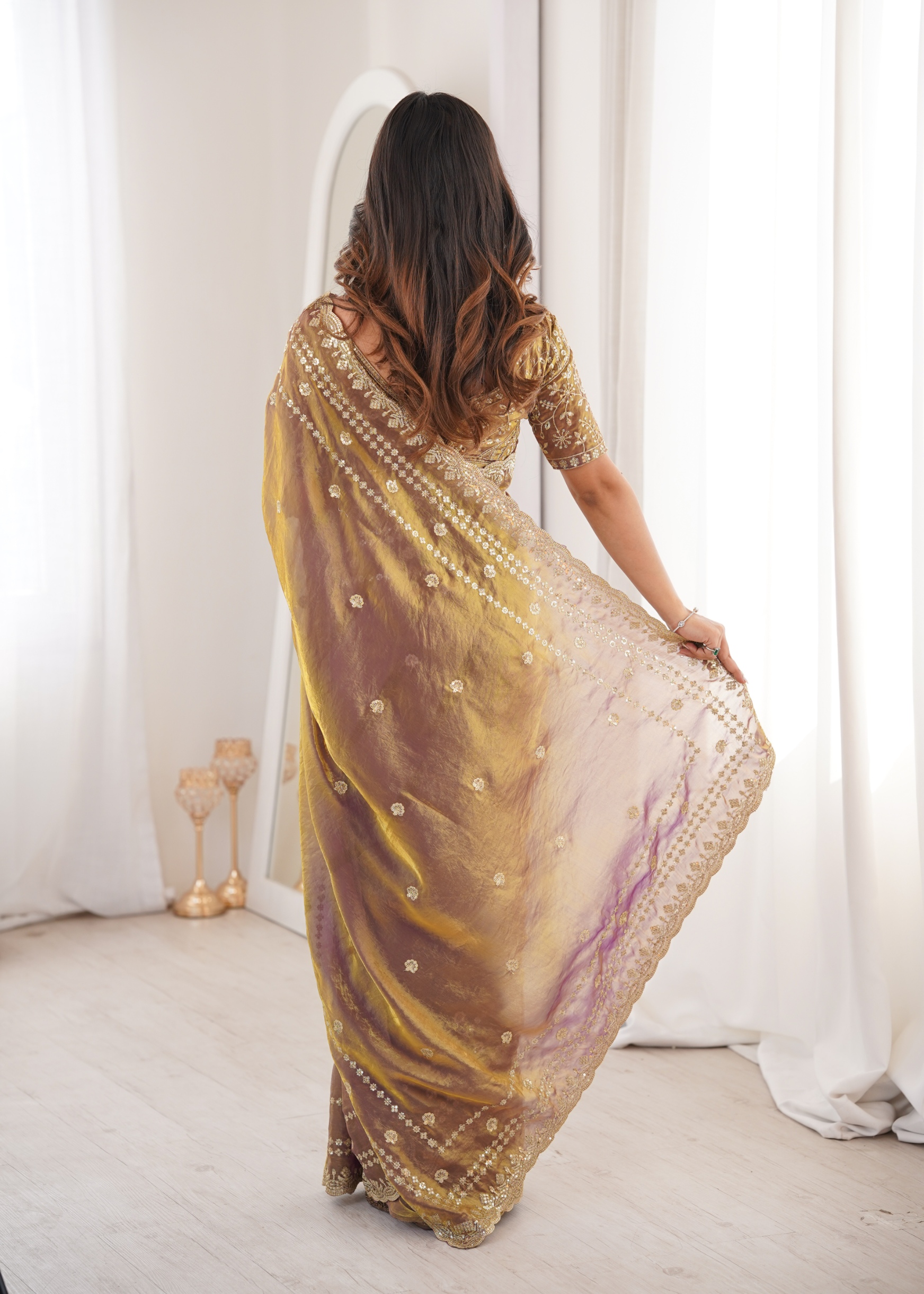 Gold Traditional Sequin Fendy Satin Saree — alternate view