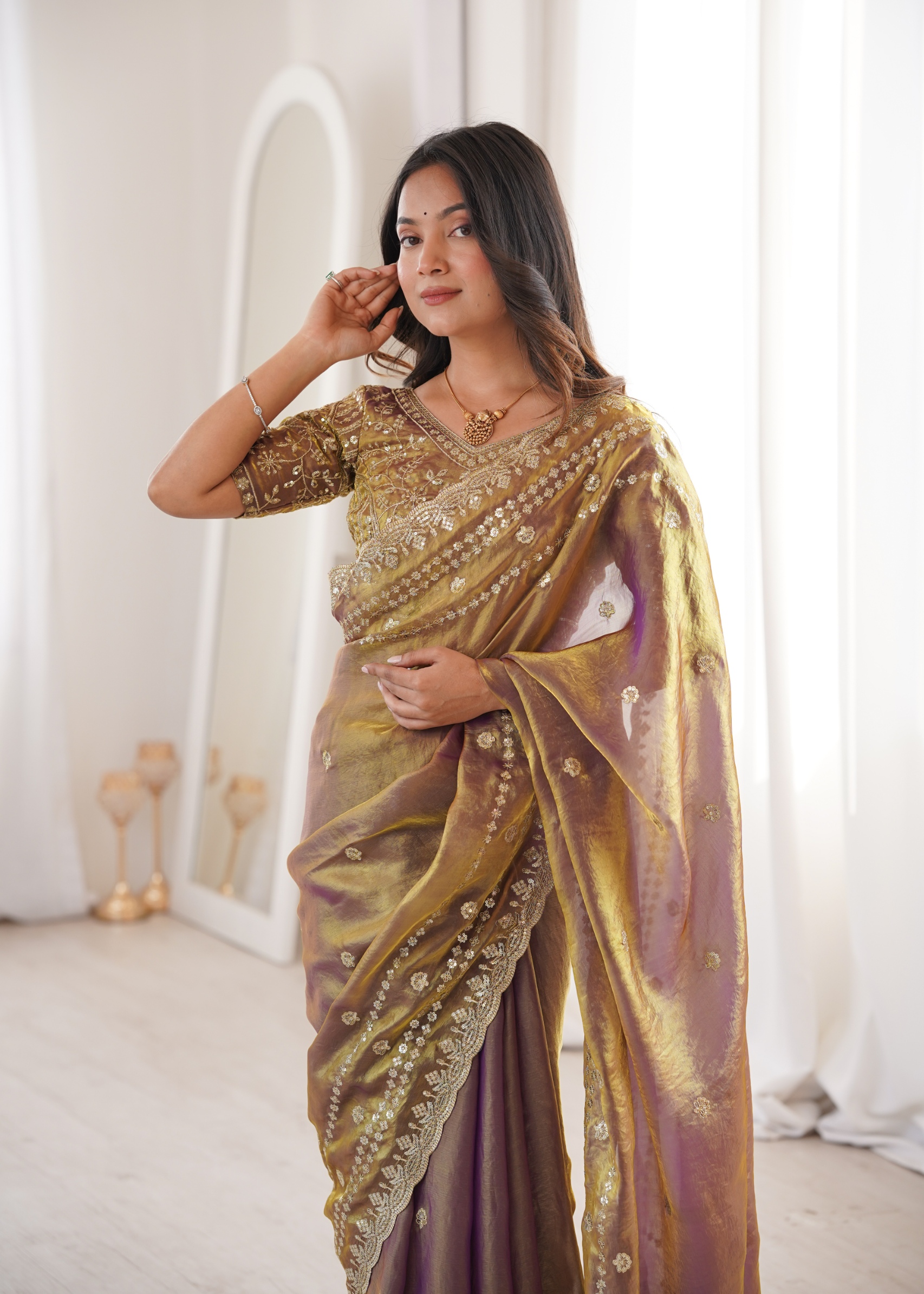 Gold Traditional Sequin Fendy Satin Saree