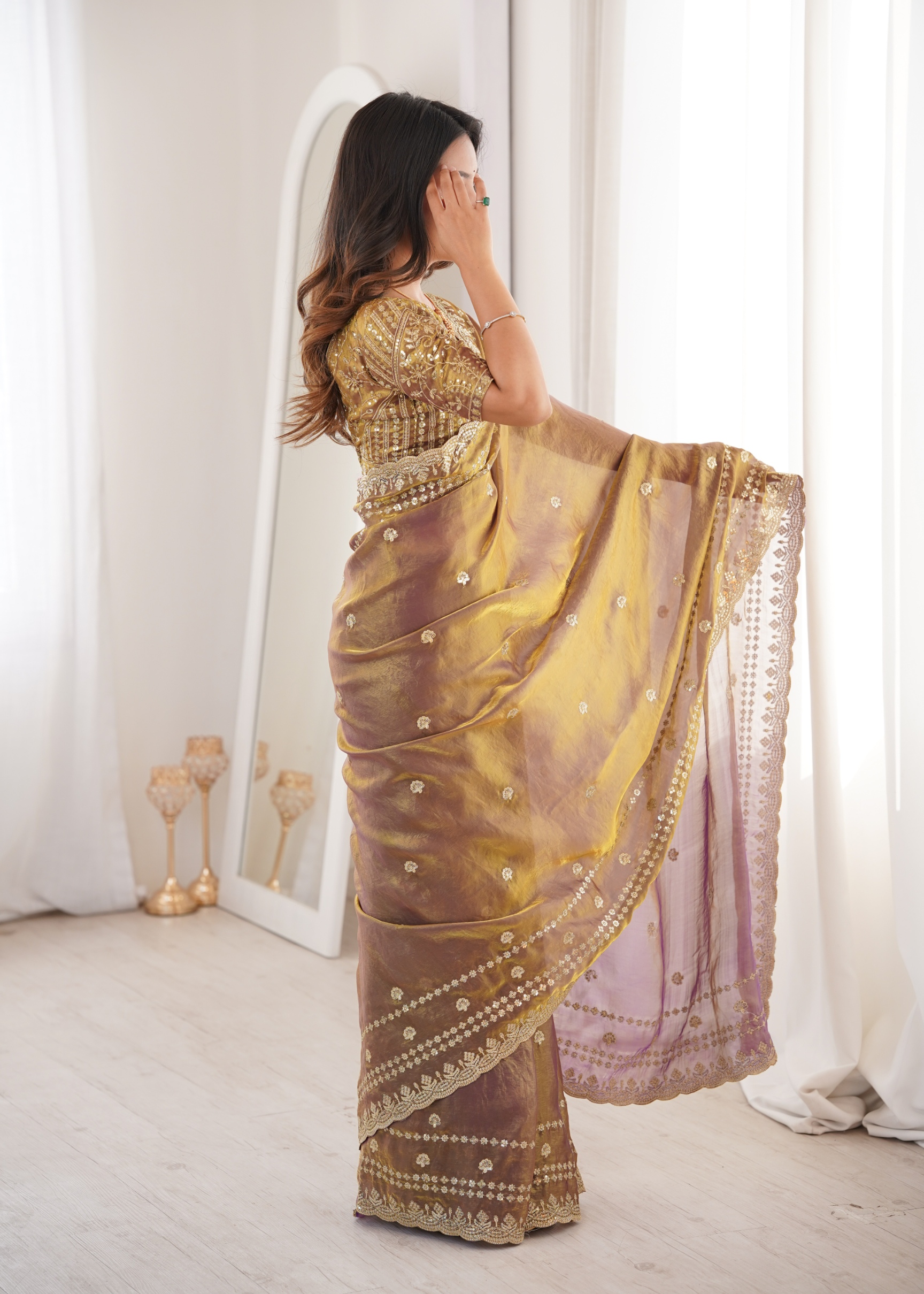 Gold Traditional Sequin Fendy Satin Saree