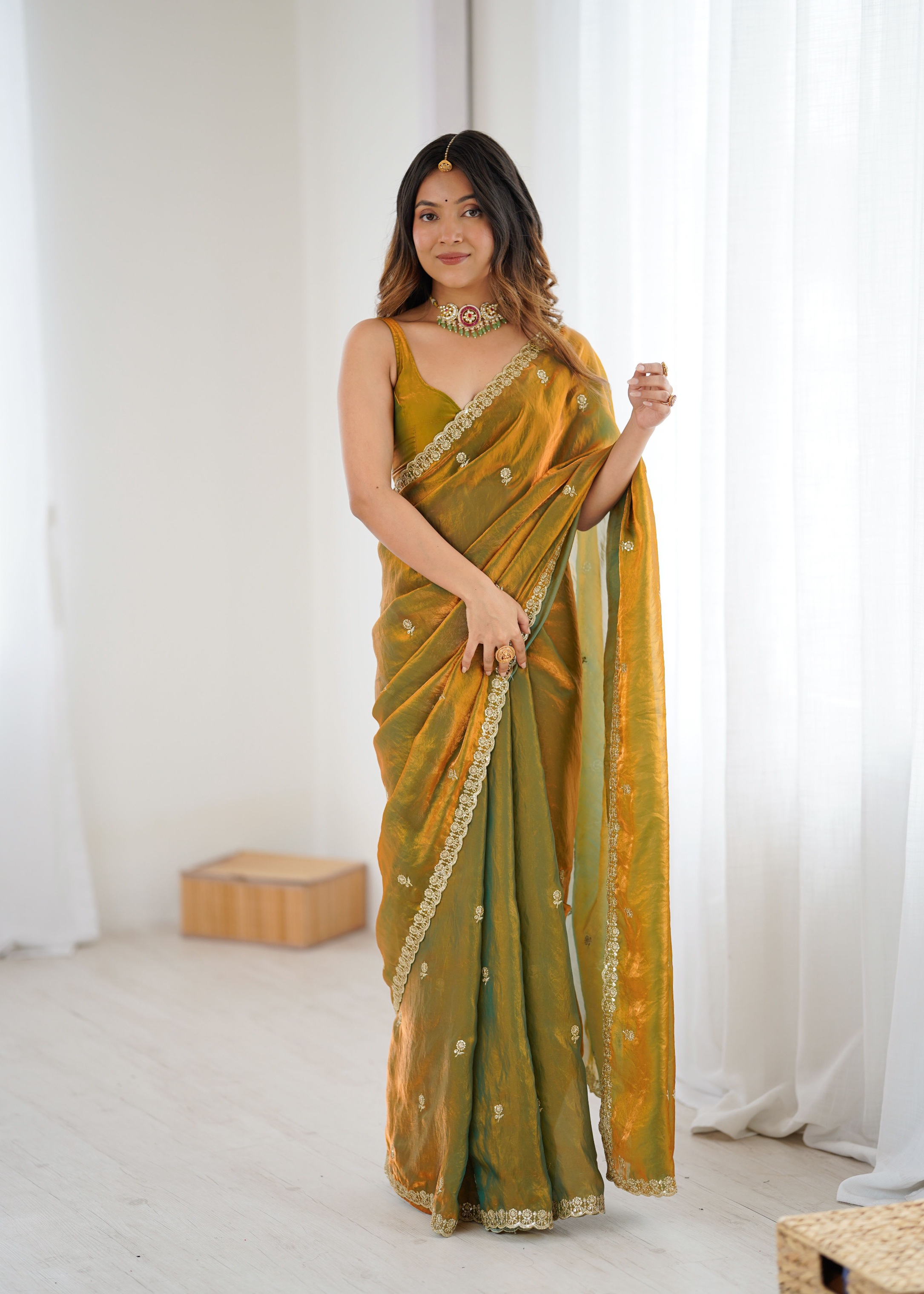 Gold Two Tone Embroidered Fendy Satin Saree