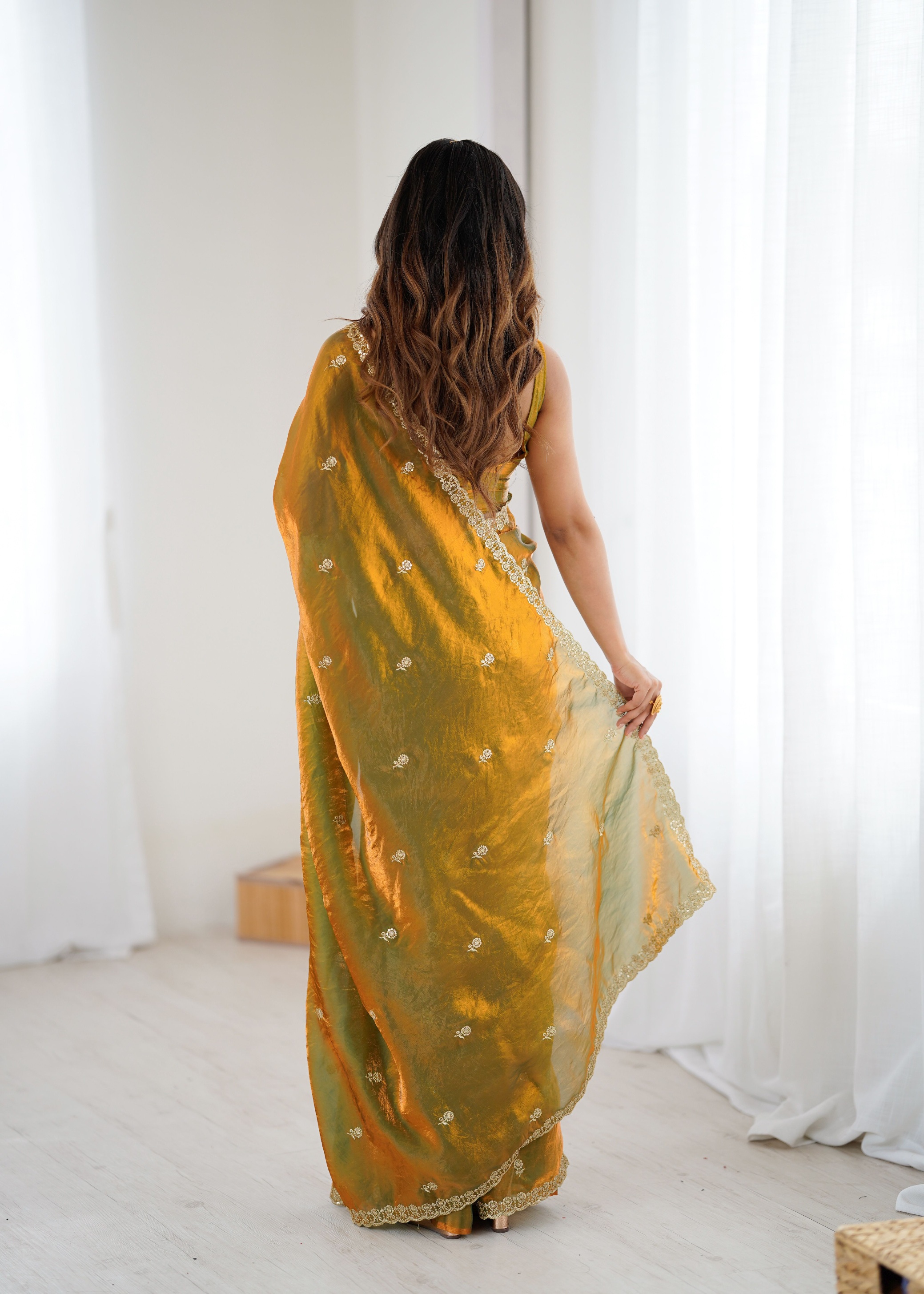 Gold Two Tone Embroidered Fendy Satin Saree — alternate view