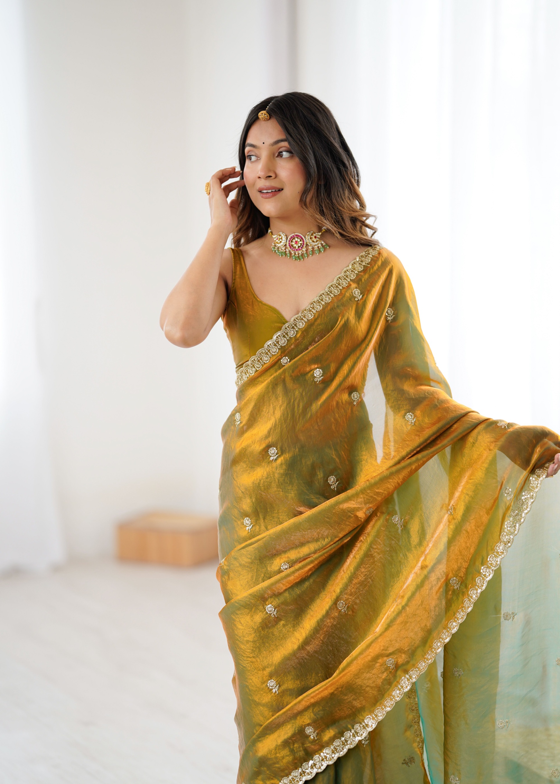 Gold Two Tone Embroidered Fendy Satin Saree