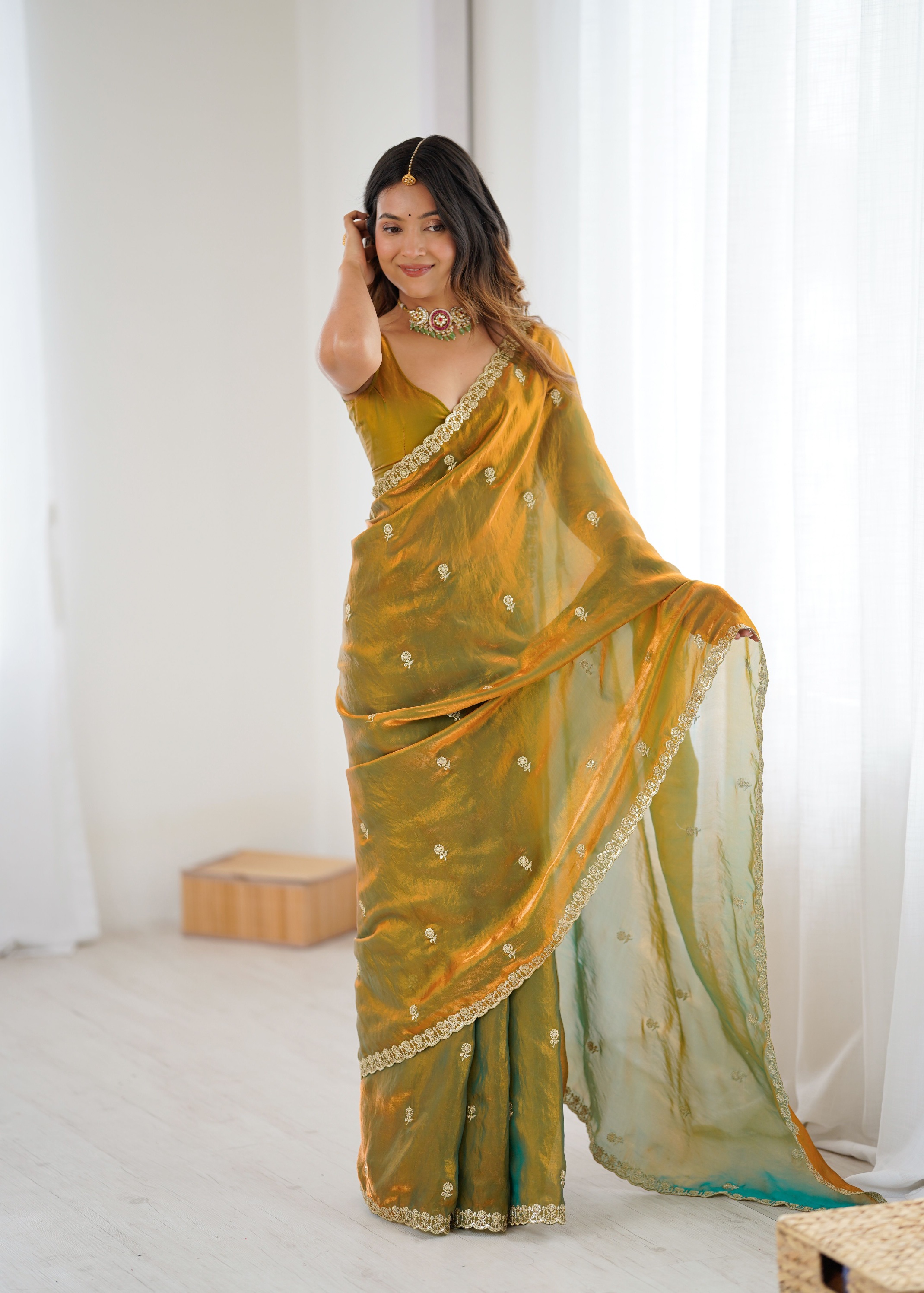Gold Two Tone Embroidered Fendy Satin Saree