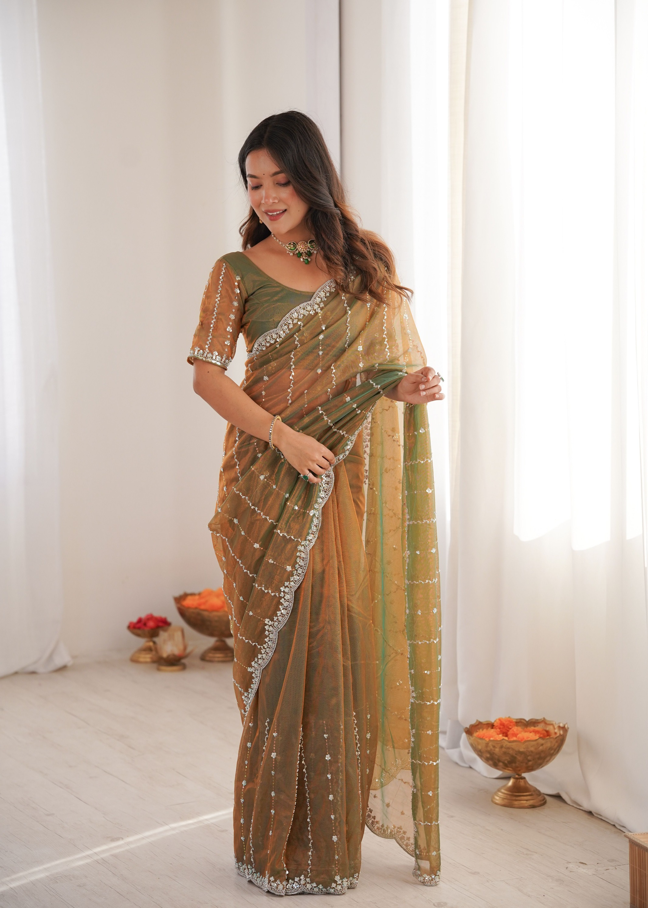 Gold Two Tone Sequin N Cut Dana Work Twill Net Saree