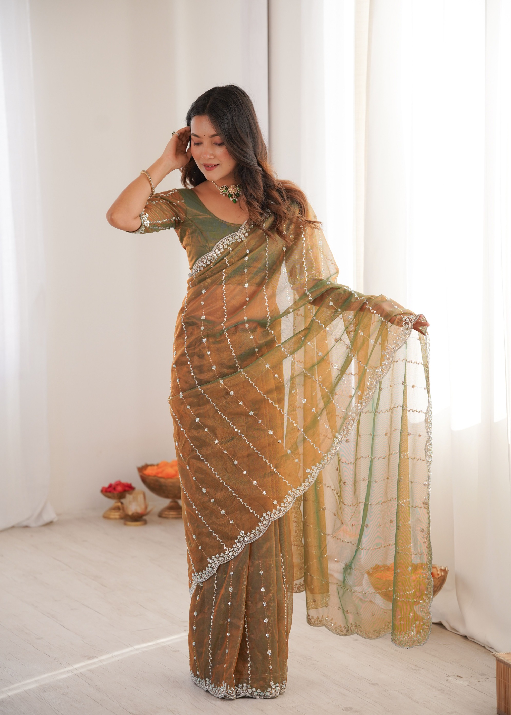 Gold Two Tone Sequin N Cut Dana Work Twill Net Saree — alternate view