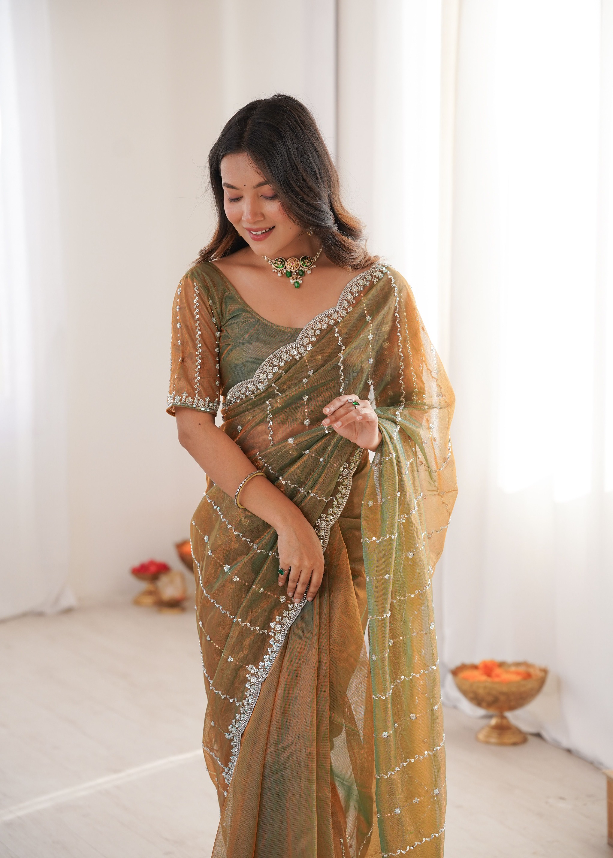 Gold Two Tone Sequin N Cut Dana Work Twill Net Saree
