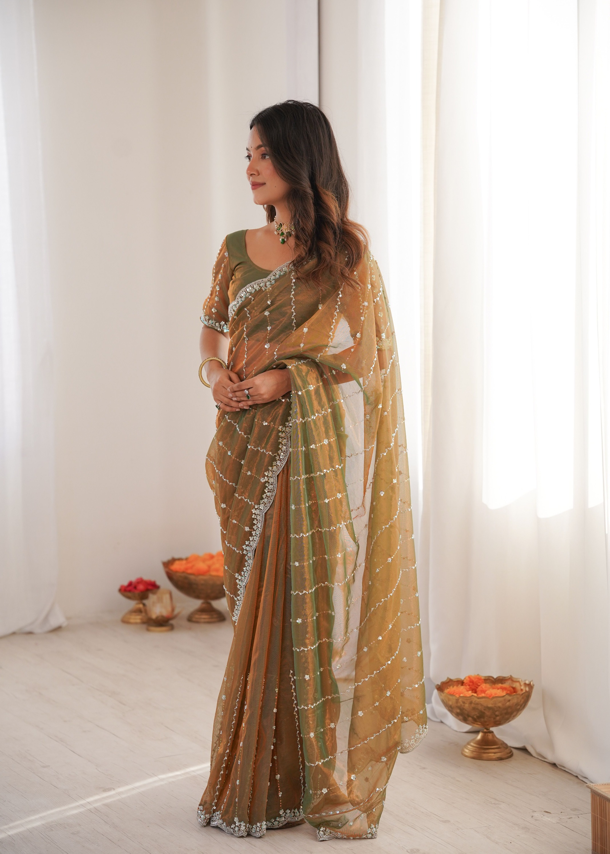 Gold Two Tone Sequin N Cut Dana Work Twill Net Saree