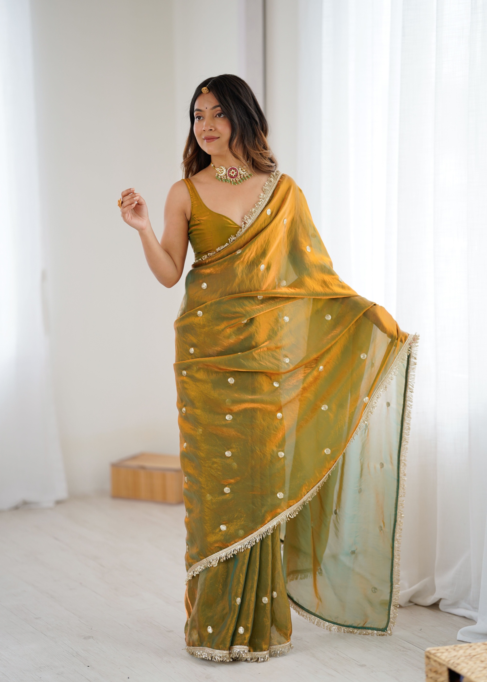Gold Zari Sequin Fendy Satin Saree
